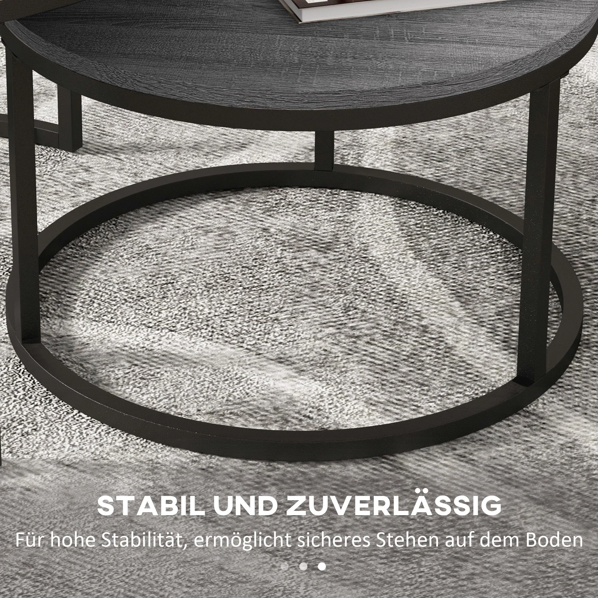 Round Coffee Table, Set of 2 Stackable Side Tables, Wood Look & Metal, Black - Image 6