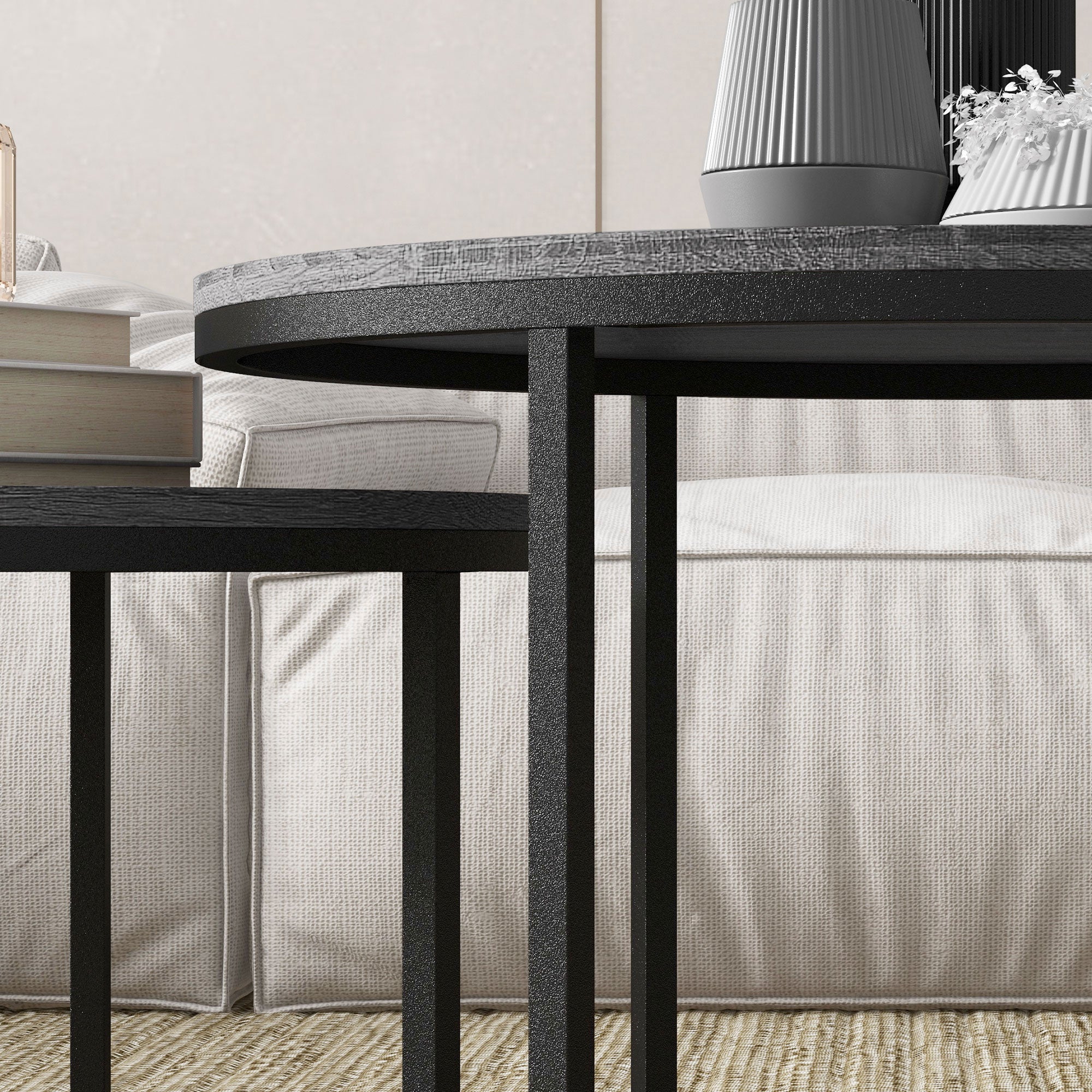 Round Coffee Table, Set of 2 Stackable Side Tables, Wood Look & Metal, Black - Image 8