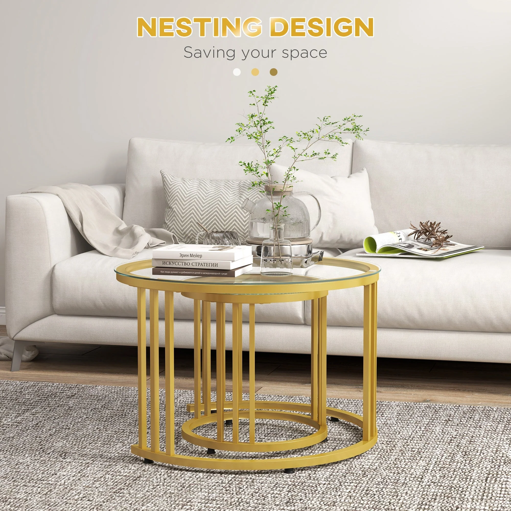 Round Coffee Tables Set of 2, Nesting Tempered Glass Top Steel Frame, Gold Tone - Image 4