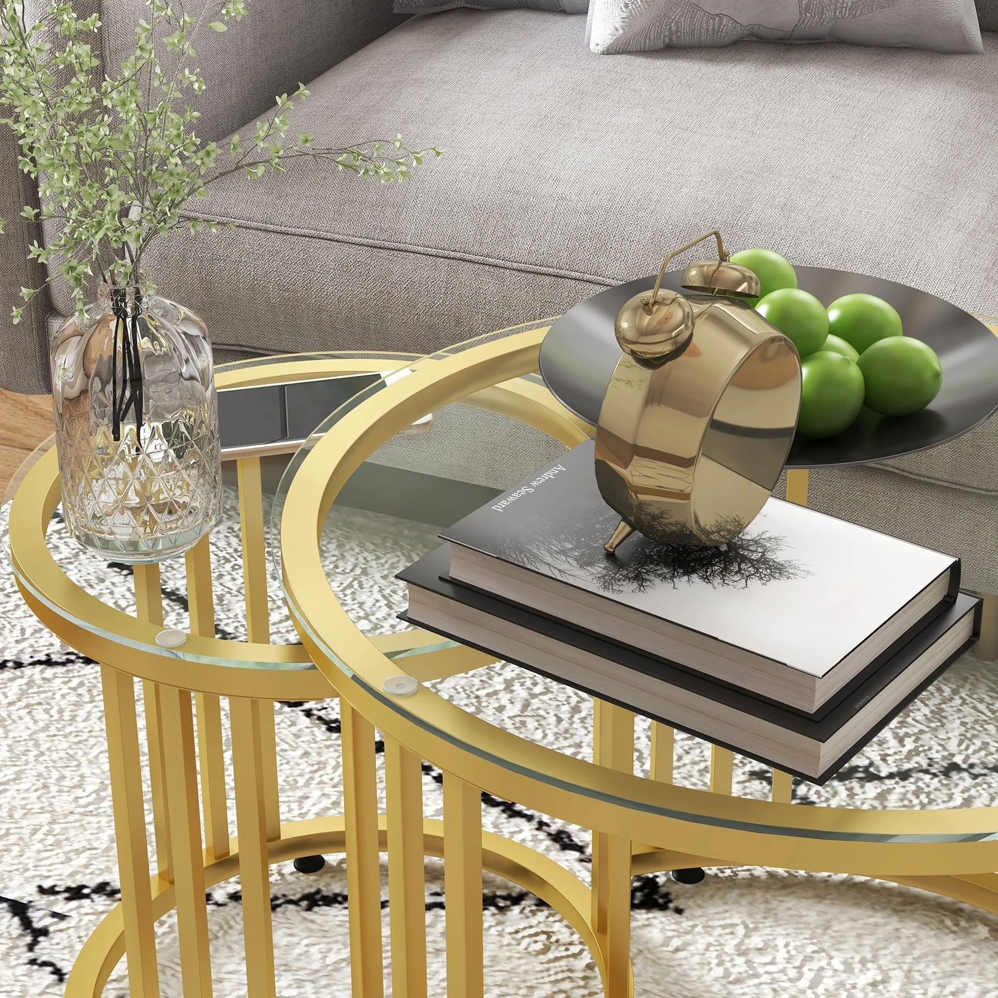 Round Coffee Tables Set of 2, Nesting Tempered Glass Top Steel Frame, Gold Tone - Image 7