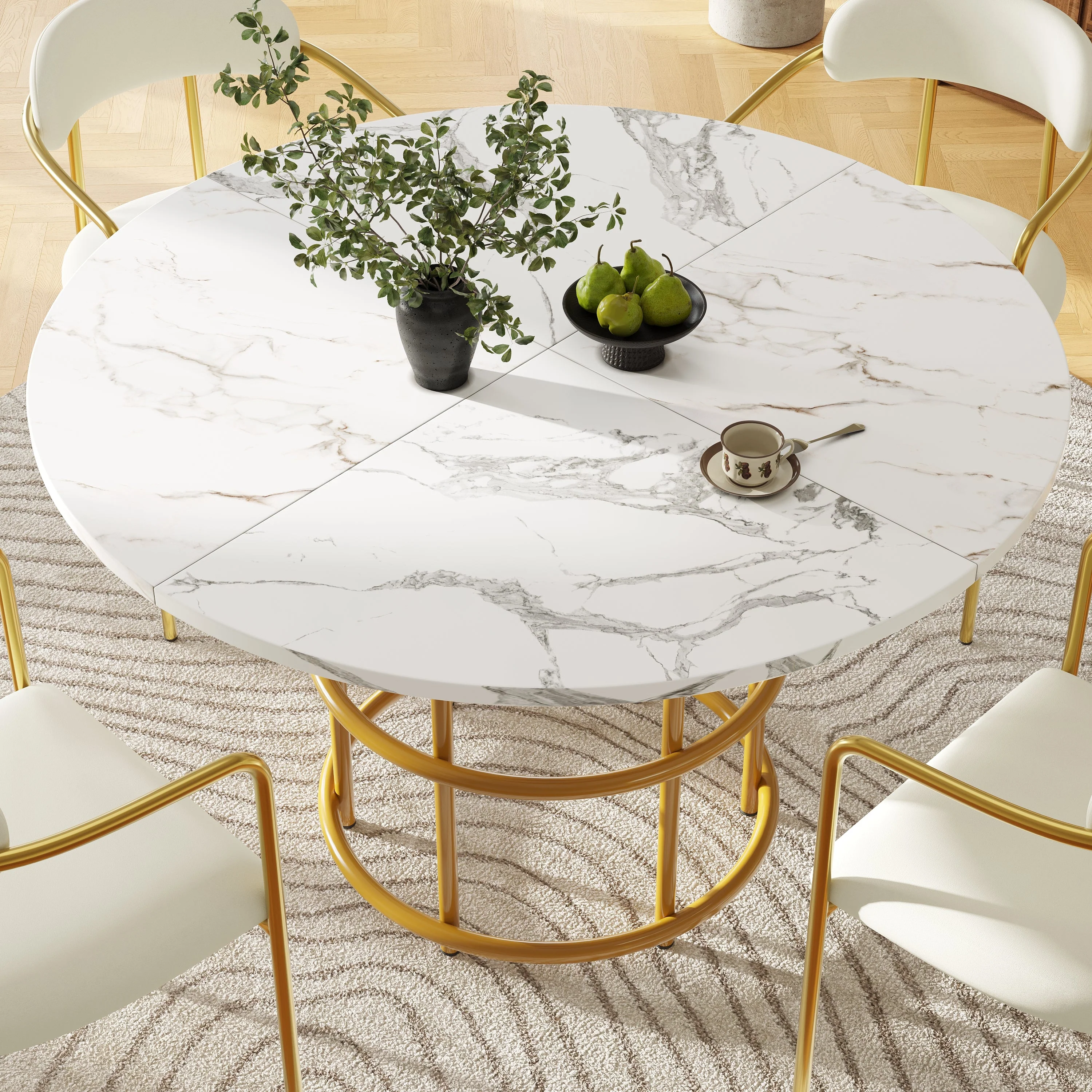 Round Dining Table 100cm 4-6 Seat Metal Ring Legs - Marbled MDF / Gold - Image 2
