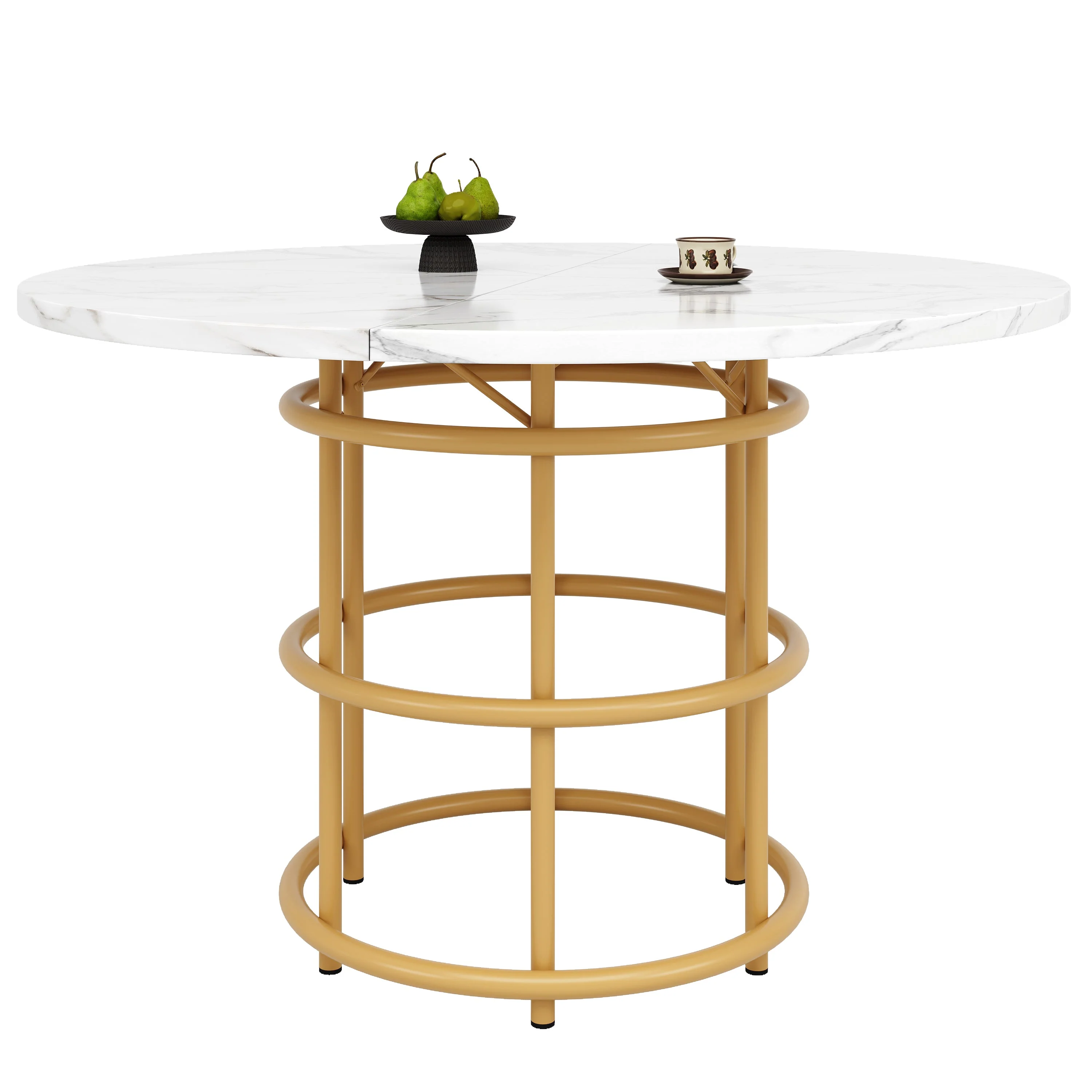 Round Dining Table 100cm 4-6 Seat Metal Ring Legs - Marbled MDF / Gold - Image 3