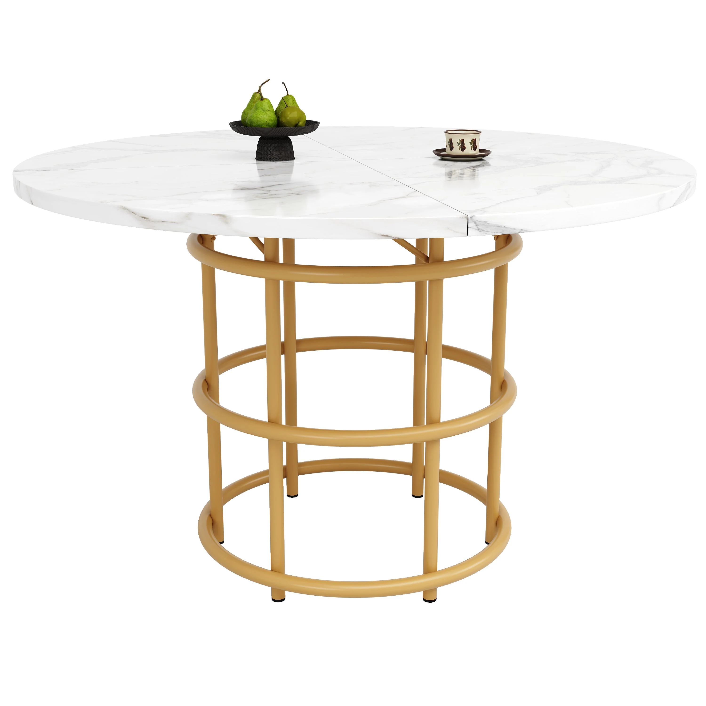 Round Dining Table 100cm 4-6 Seat Metal Ring Legs - Marbled MDF / Gold - Image 4