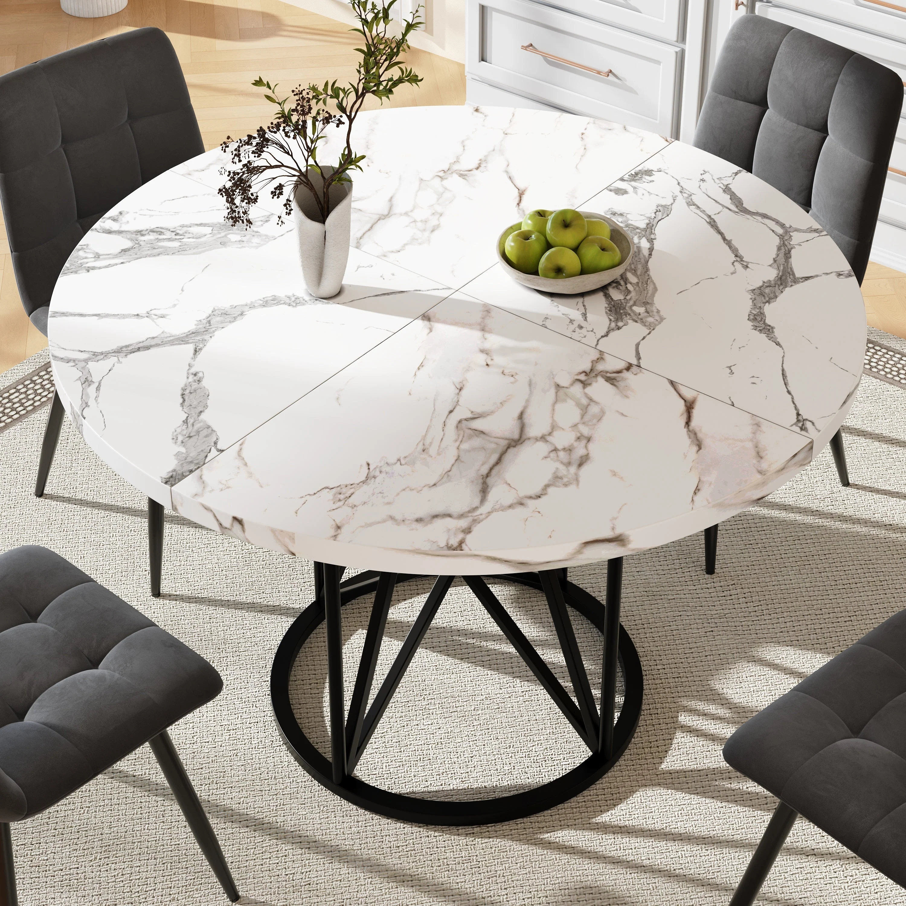 Round Dining Table 100cm 4-6 Seater Metal Geometric Legs - Black - Image 2