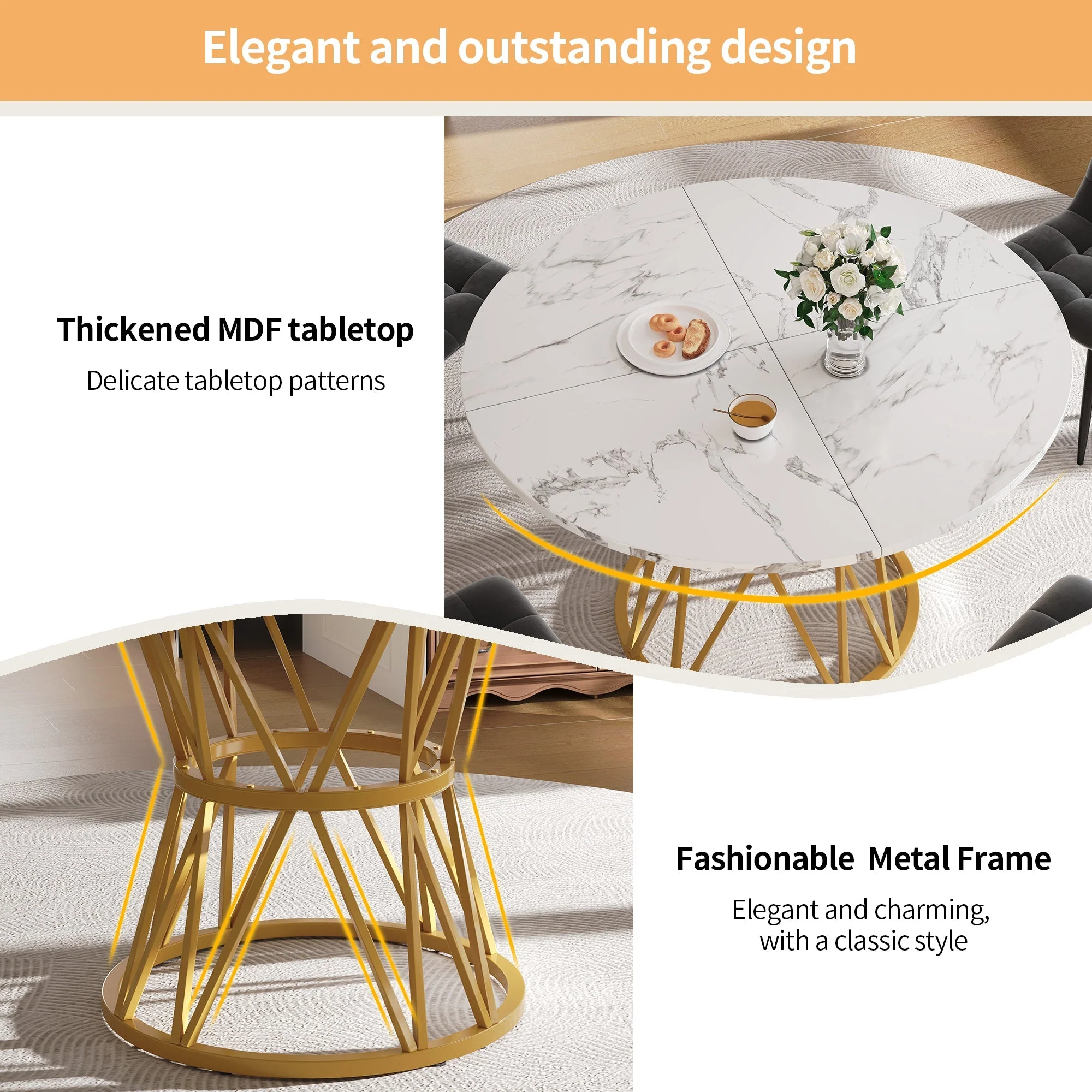 Round Dining Table 100cm 4-Seater MDF Marble Top Gold - Image 9