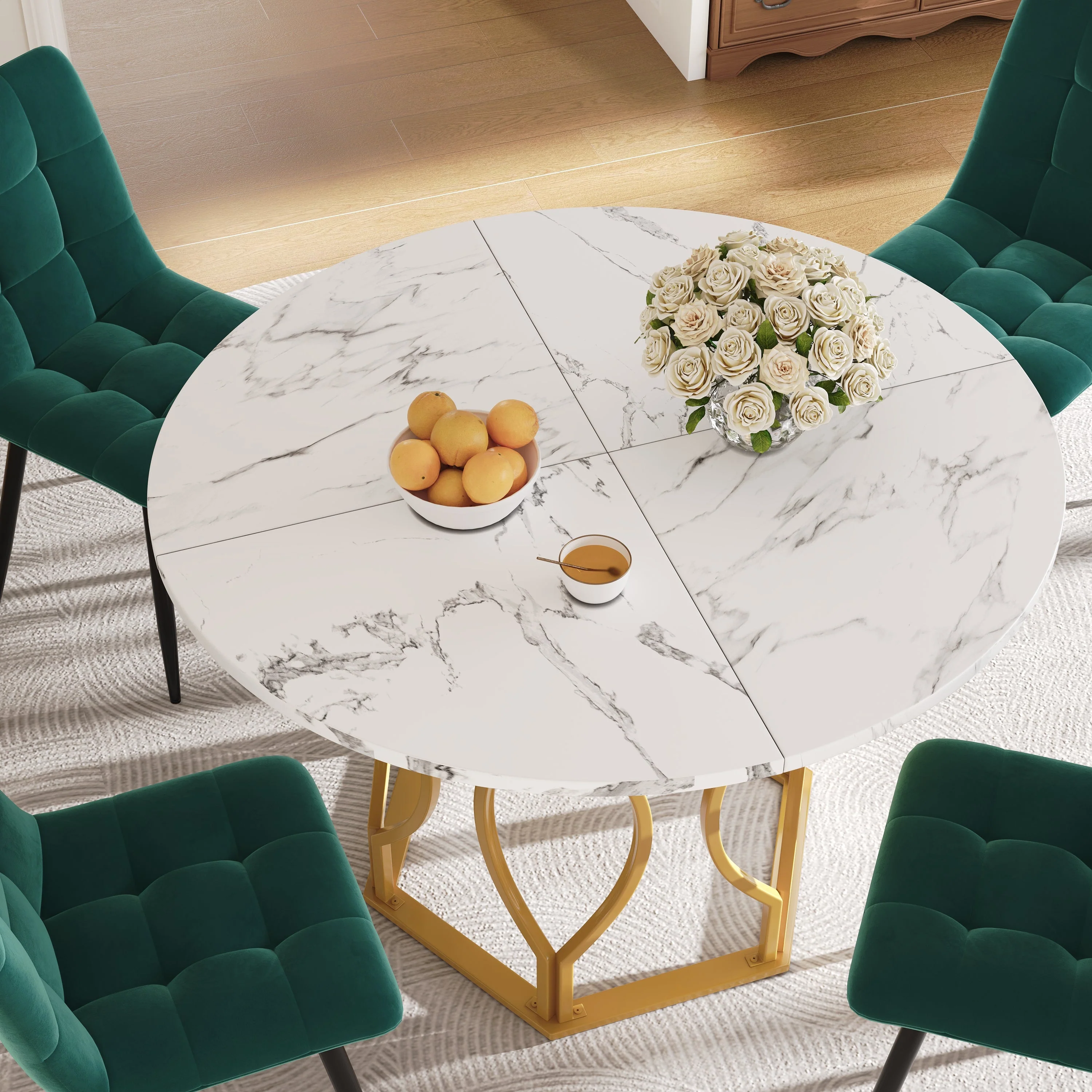 Round Dining Table (100x100x76cm), 4-Seater, Metal Legs, MDF Marbled Tabletop, Golden Legs - Image 2