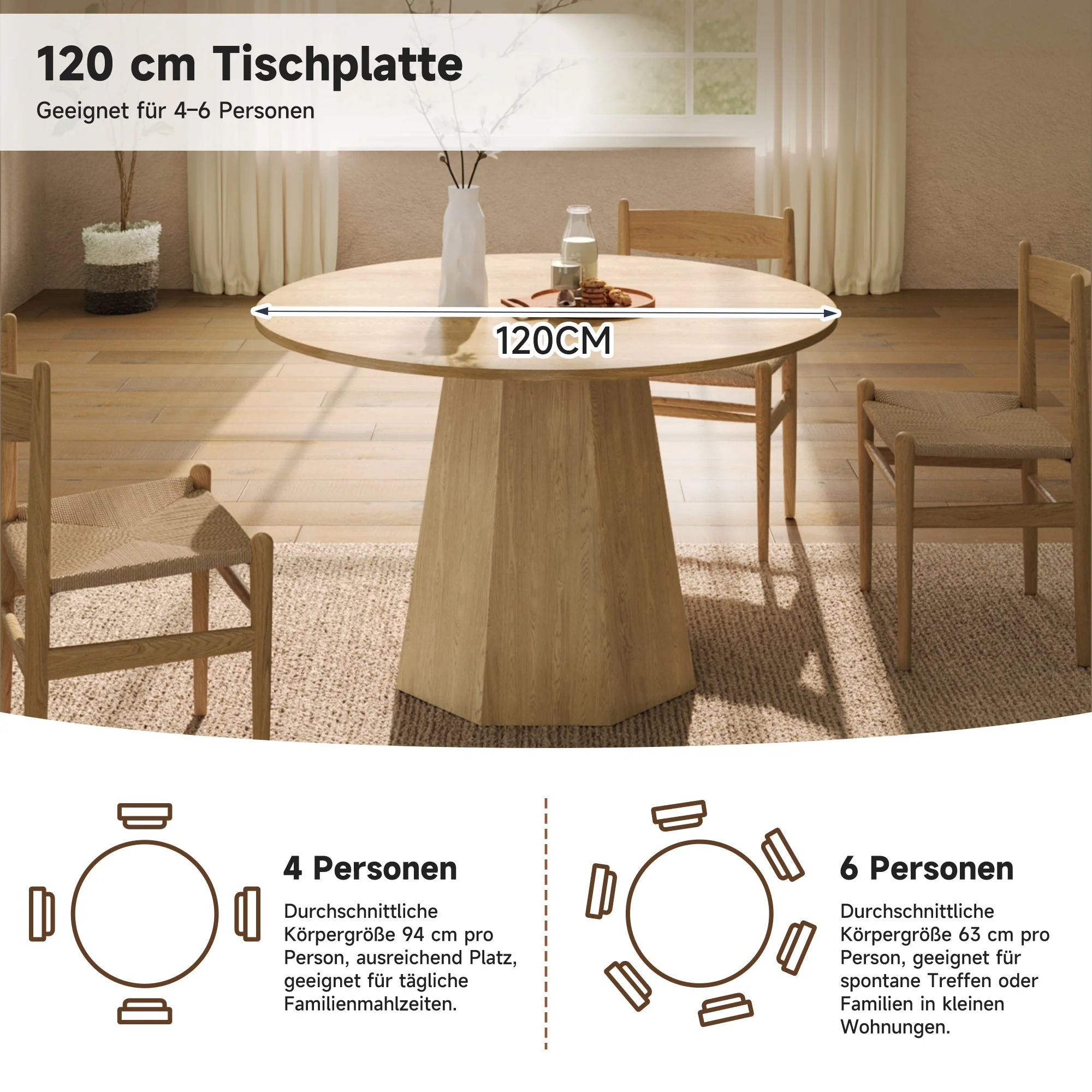 Round Dining Table 120x120cm 4-6 Seater Classic Scandinavian Style Oak - Image 5