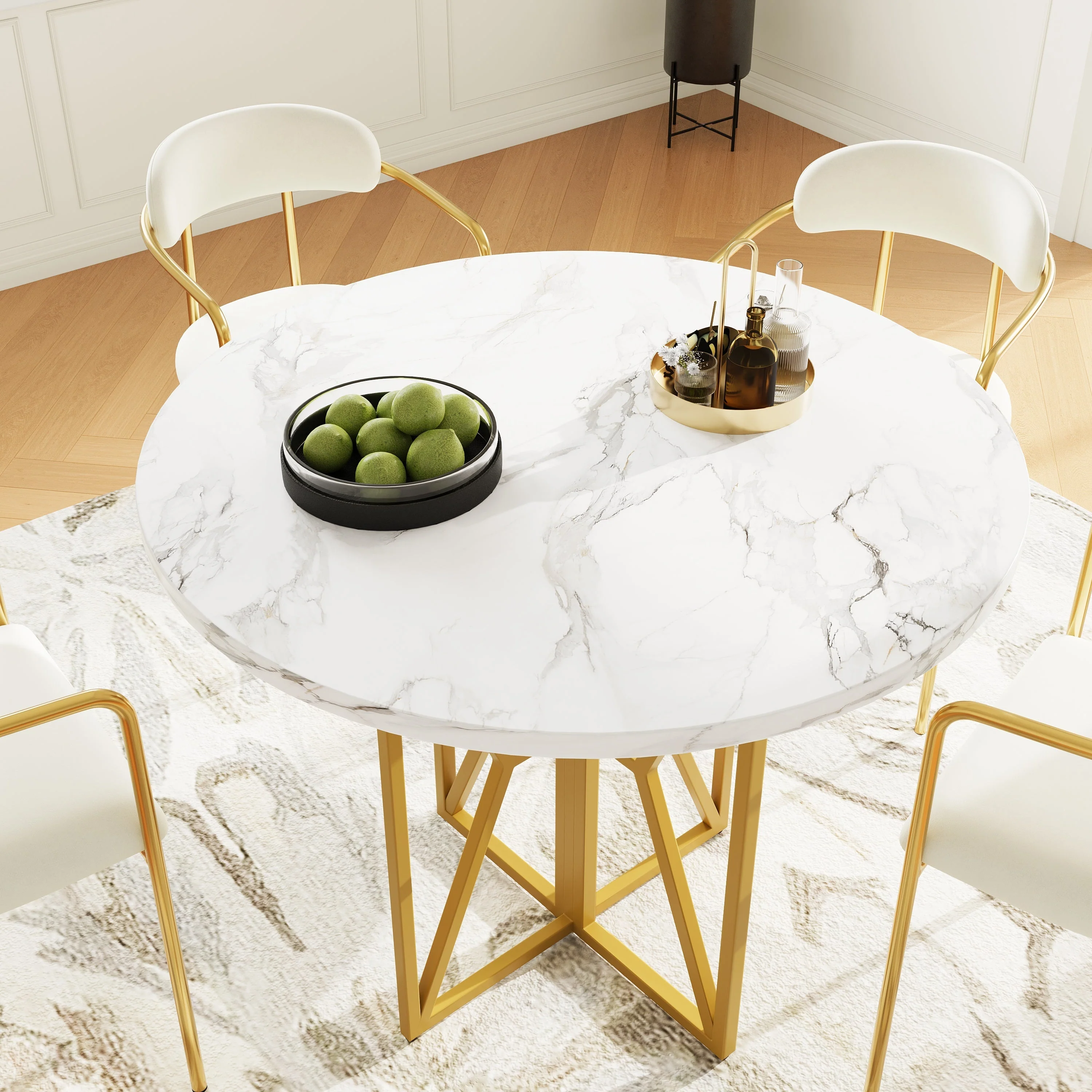 Round Dining Table 80cm 4-6 Seater Gold Legs - Marbled MDF - Image 2