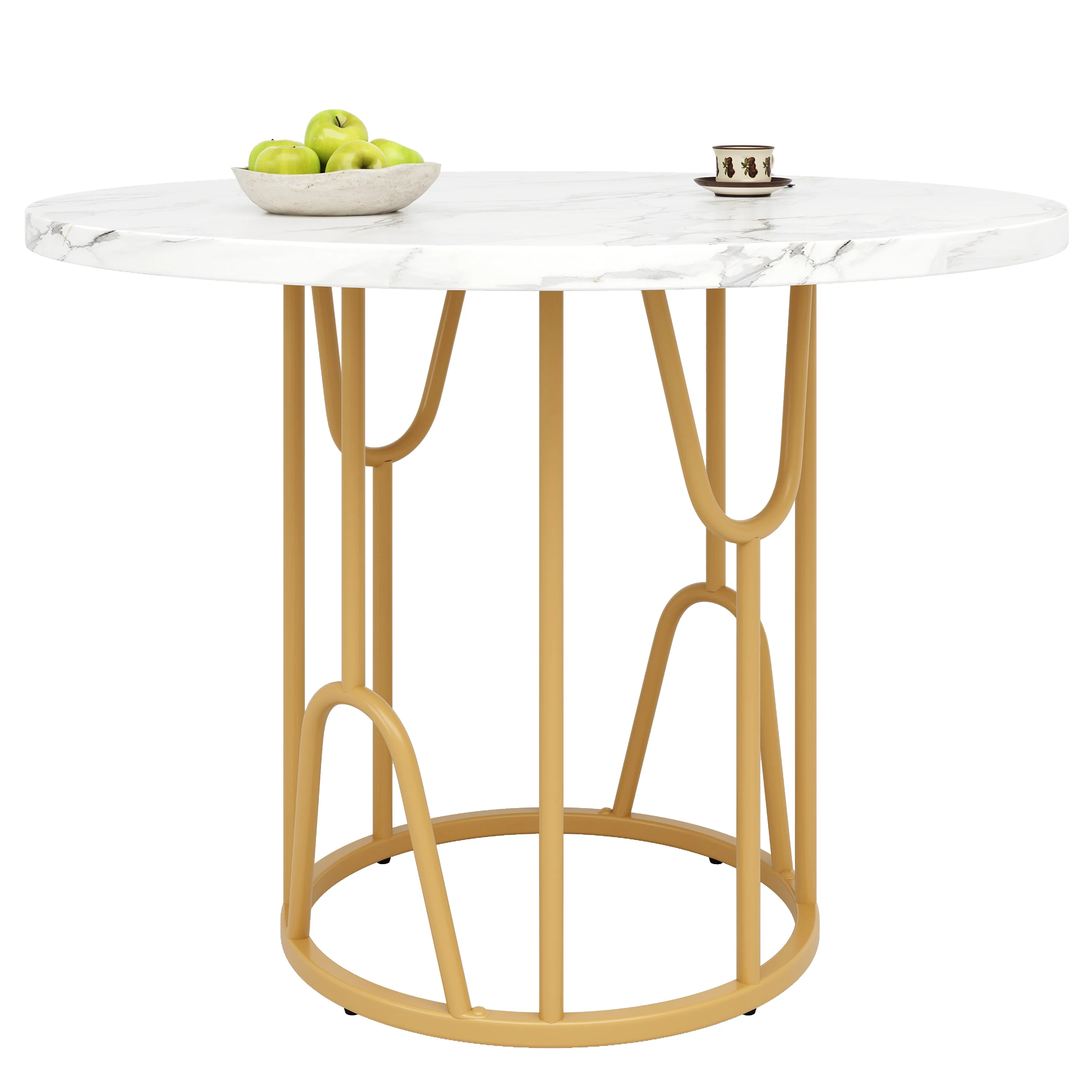 Round Dining Table 80cm 4-6 Seater Marbled MDF Gold Legs - Image 4