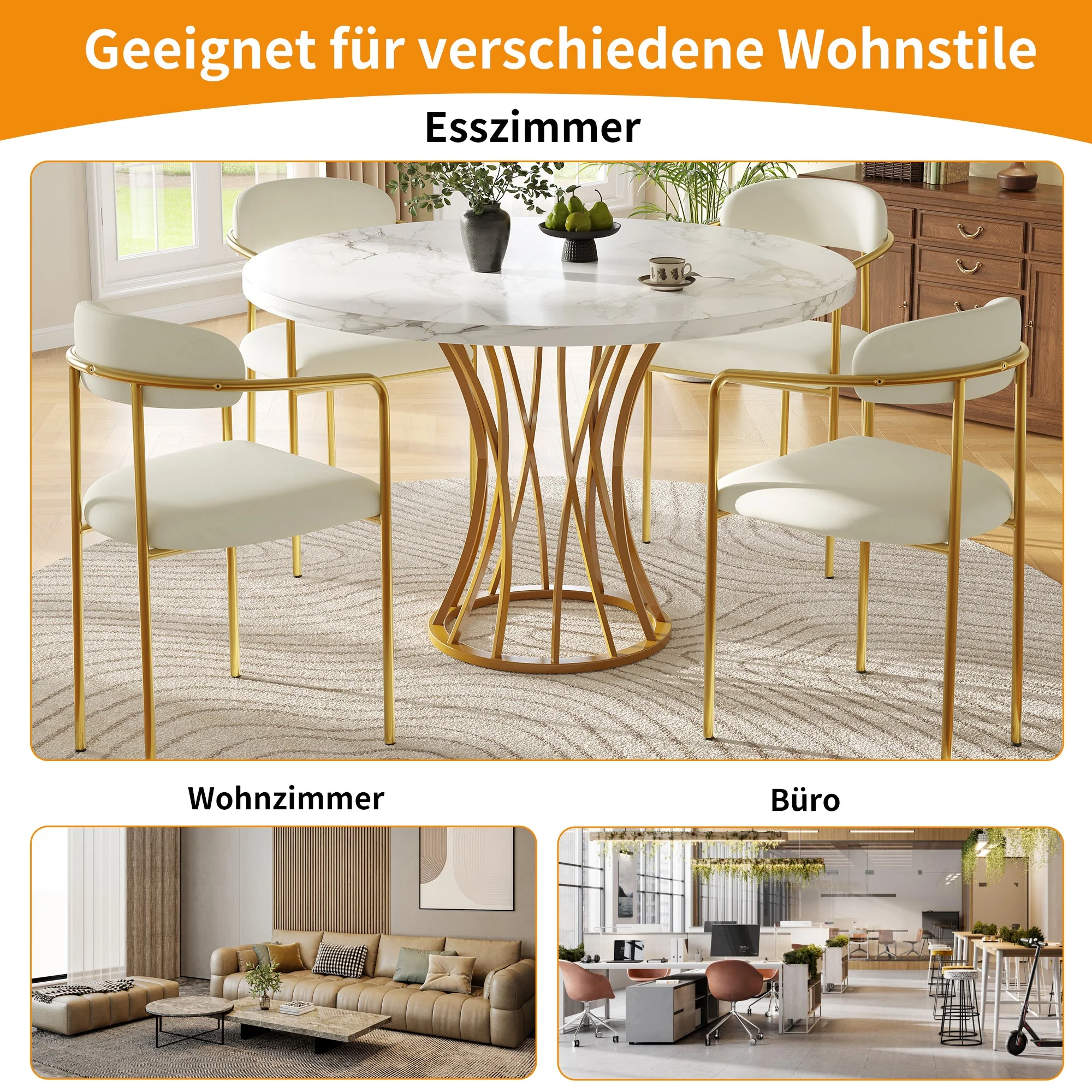 Round Dining Table 80cm 4-6 Seater Marbled Top - Gold Legs - Image 10