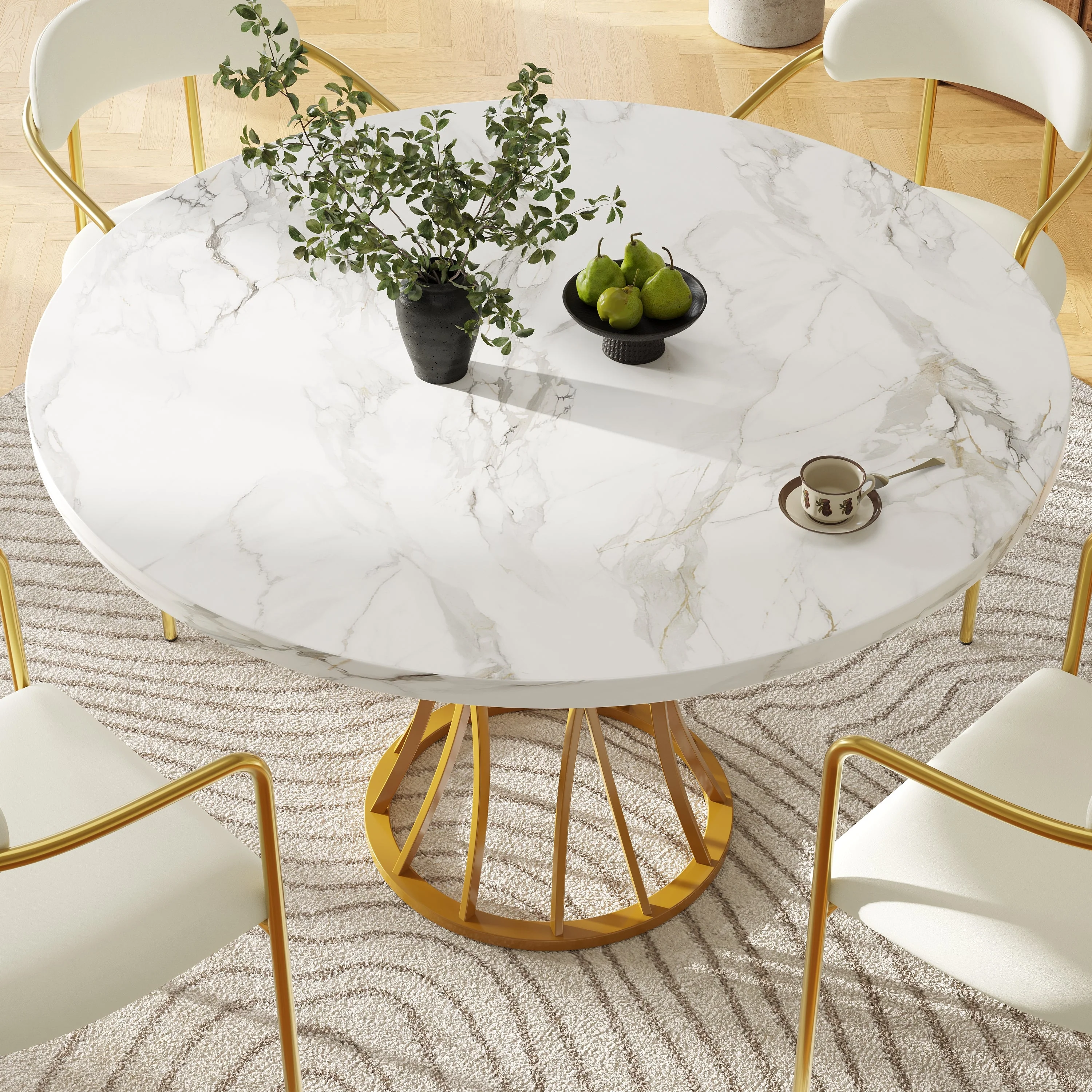 Round Dining Table 80cm 4-6 Seater Marbled Top - Gold Legs - Image 2
