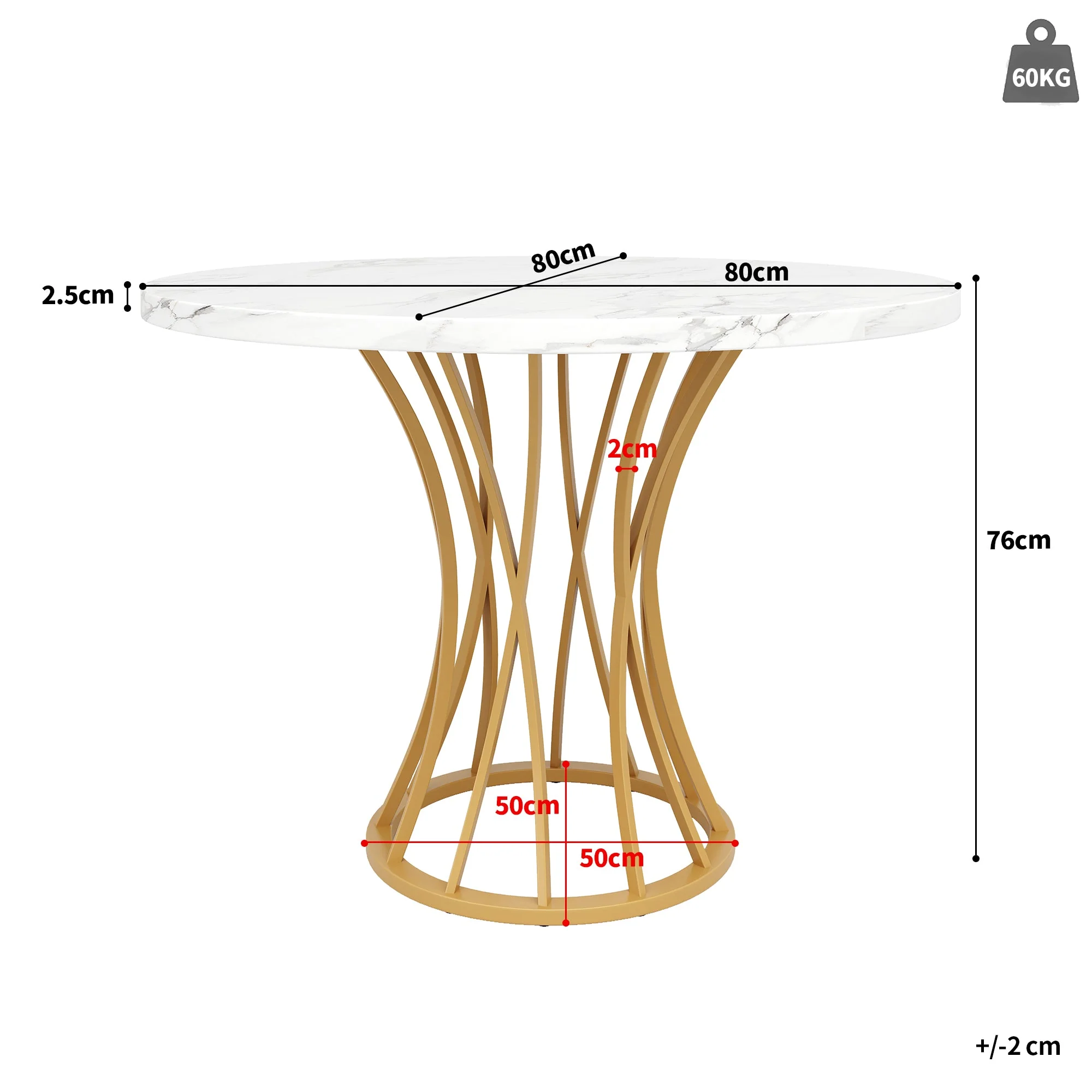 Round Dining Table 80cm 4-6 Seater Marbled Top - Gold Legs - Image 3
