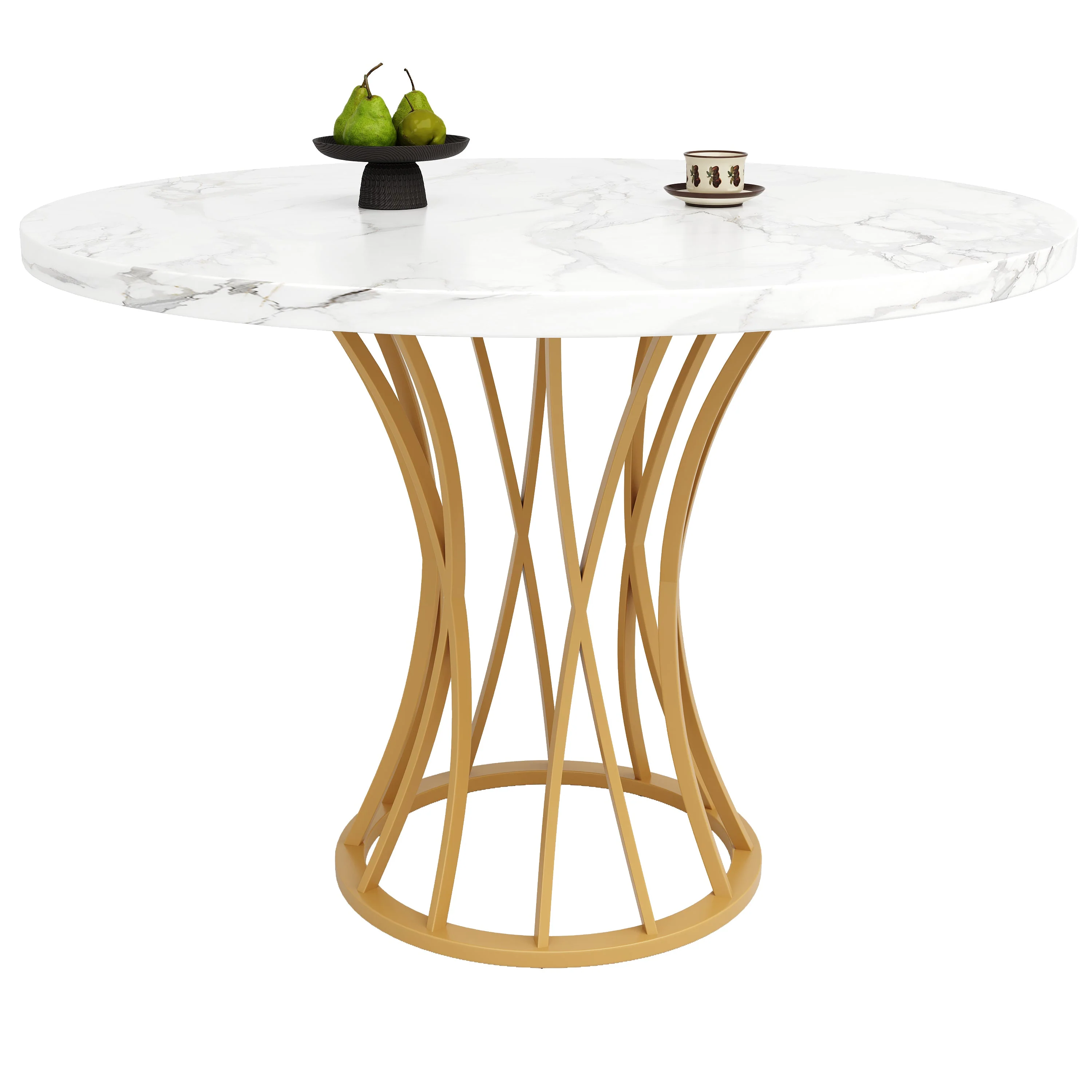 Round Dining Table 80cm 4-6 Seater Marbled Top - Gold Legs - Image 4