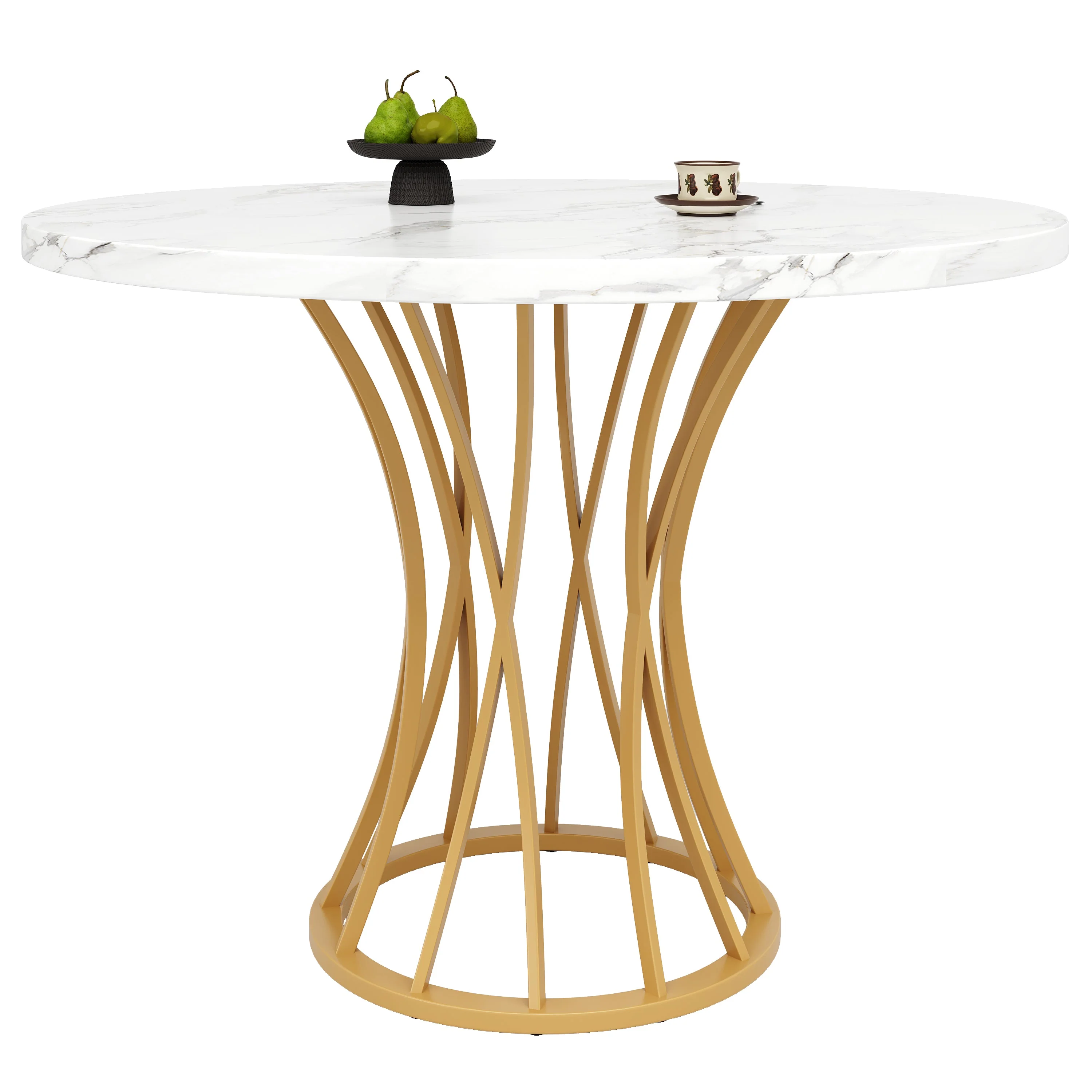 Round Dining Table 80cm 4-6 Seater Marbled Top - Gold Legs - Image 6
