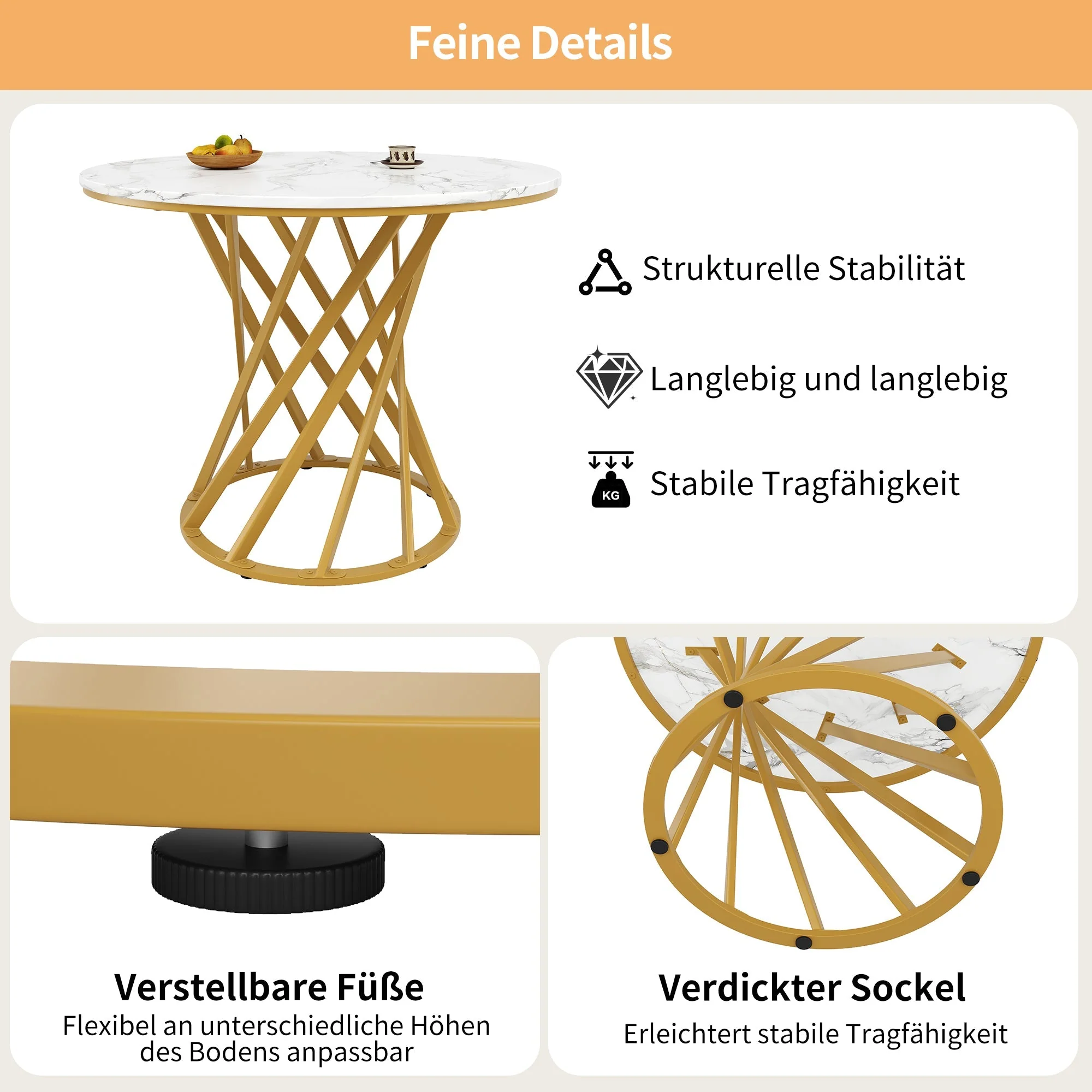 Round Dining Table 80cm for 4 Marbled MDF Top Metal Legs Gold - Image 10