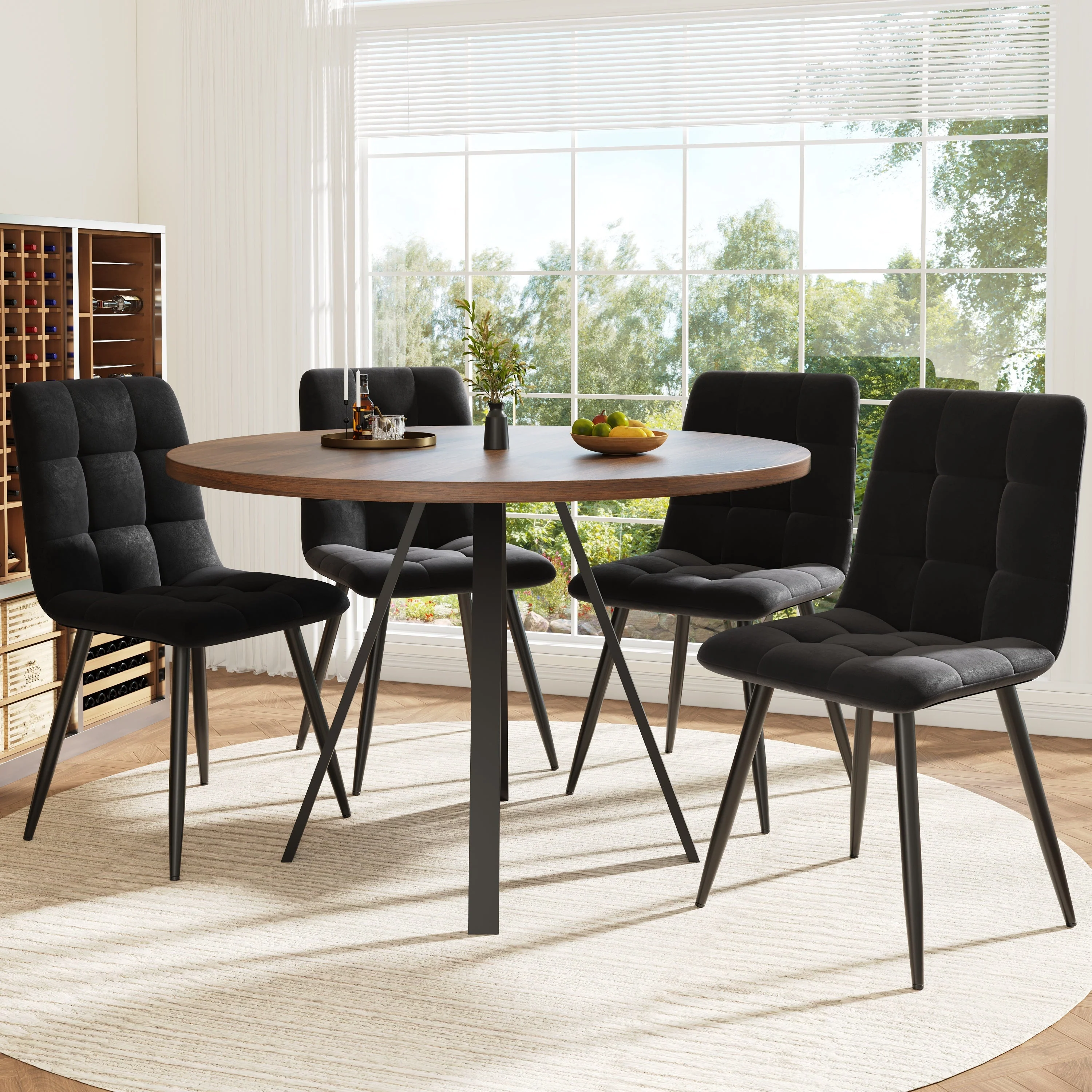 Round Dining Table 80cm Kitchen Coffee Table for 4 Metal Legs Walnut & Black - Image 3