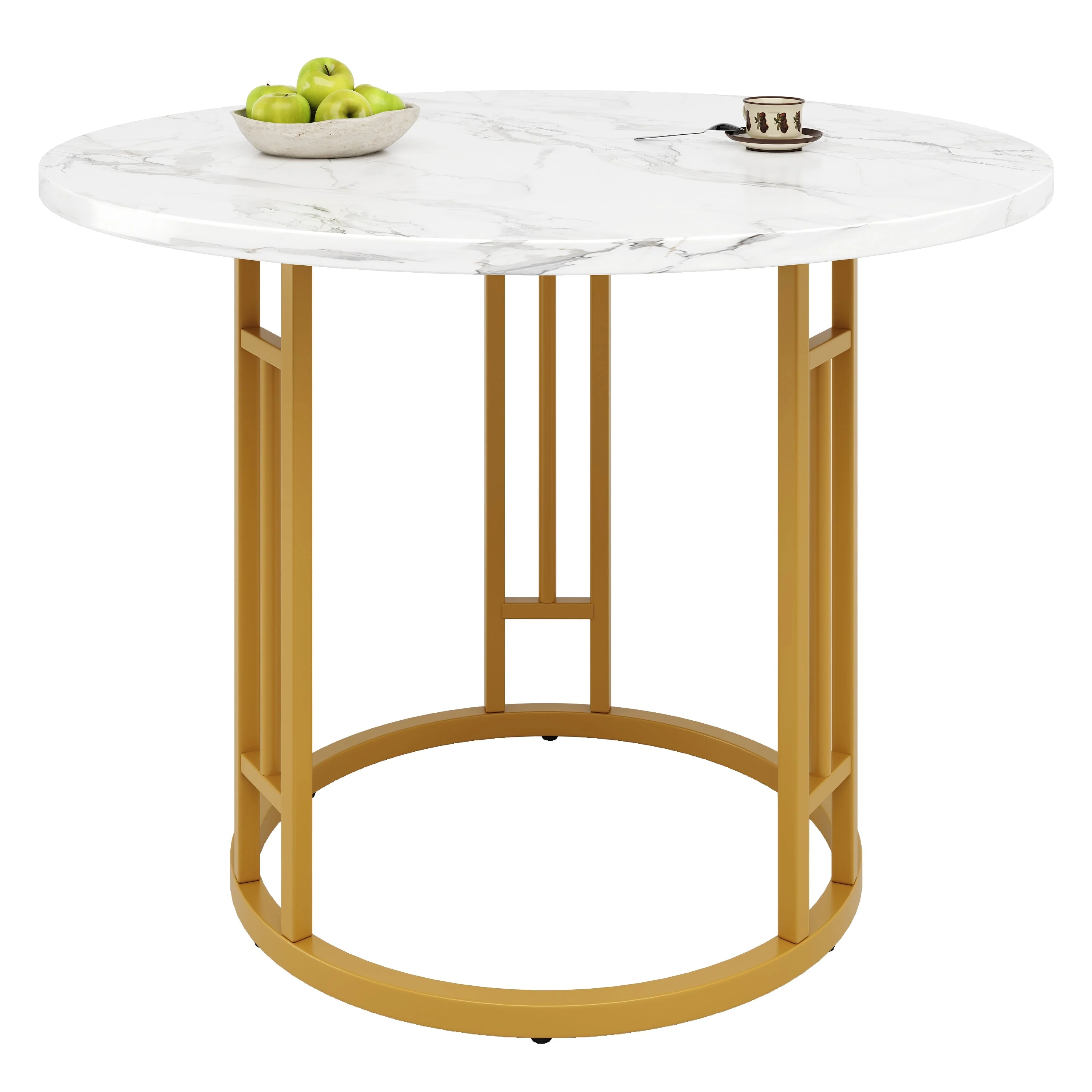 Round Dining Table 80x76cm 4-Person Marble Tabletop Metal Legs Gold - Image 8