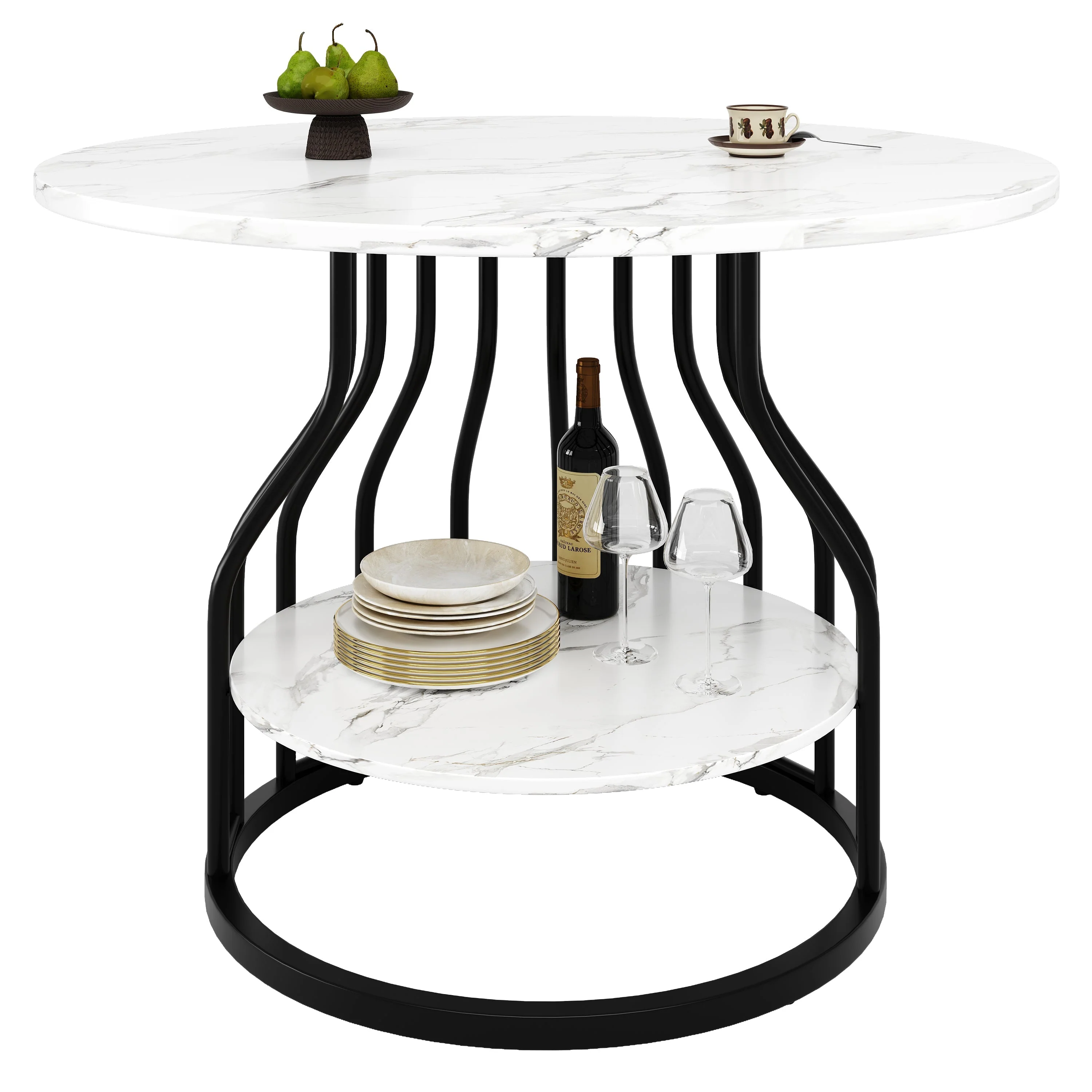 Round Dining Table 80x76cm 4-Seater Storage MDF Marble Top - Black - Image 8
