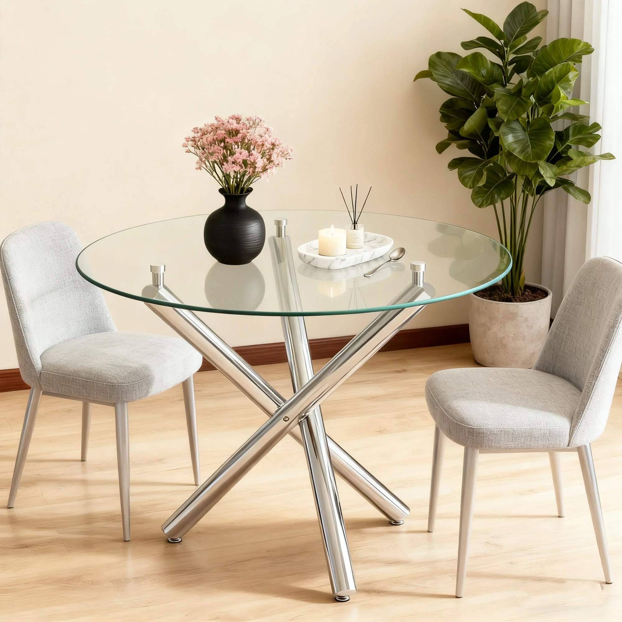 Round Dining Table 80x80x76cm Tempered Glass Metal Legs