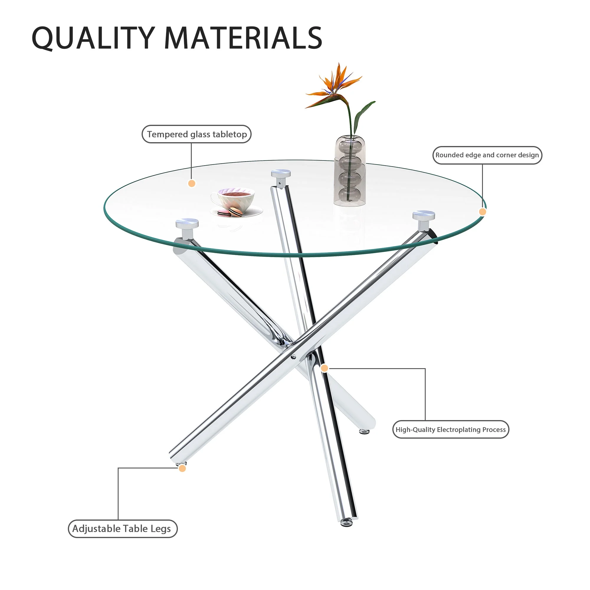 Round Dining Table 80x80x76cm Tempered Glass Metal Legs - Image 8