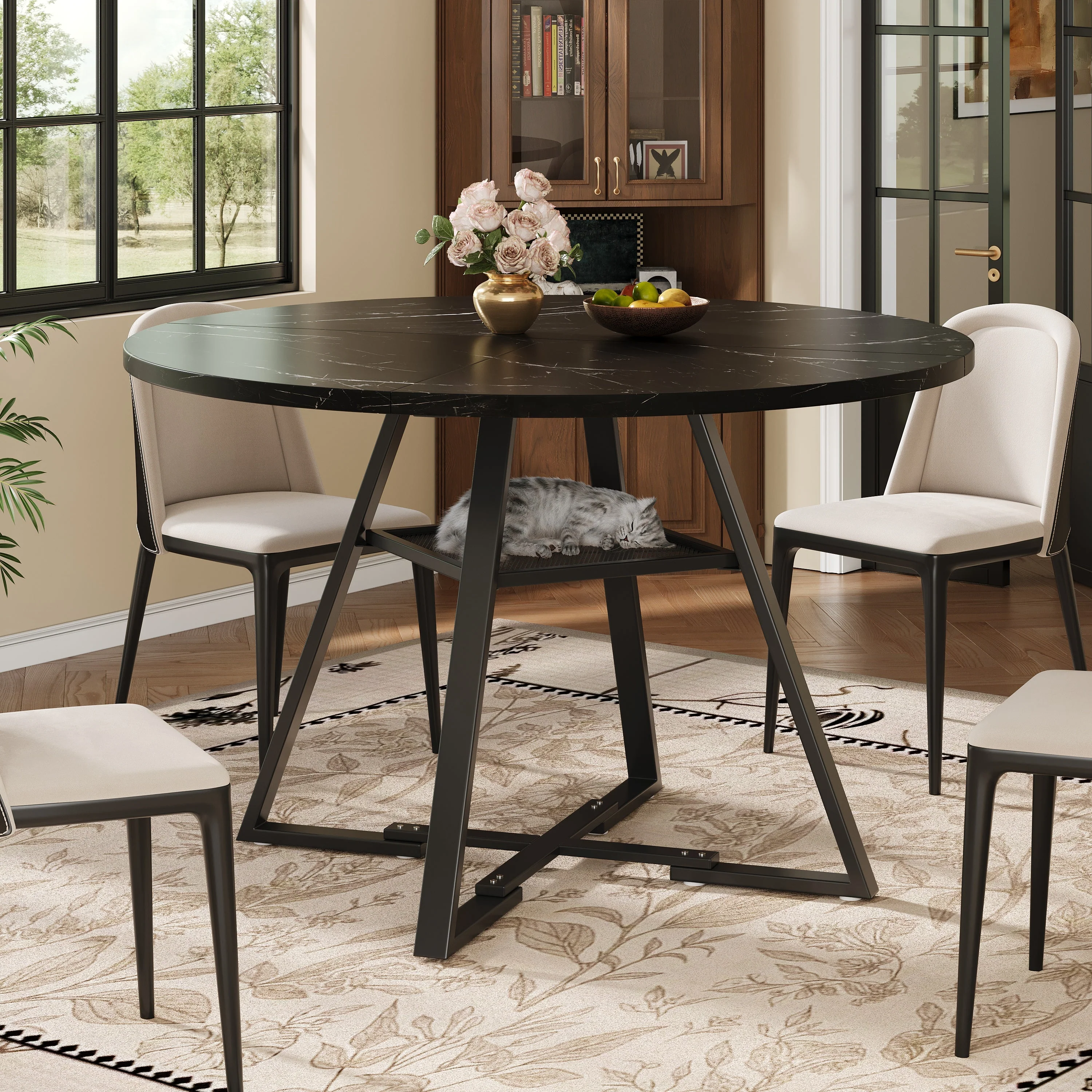 Round Dining Table, Kitchen Breakfast Table Metal Legs, Marble Look Black/White - Image 2