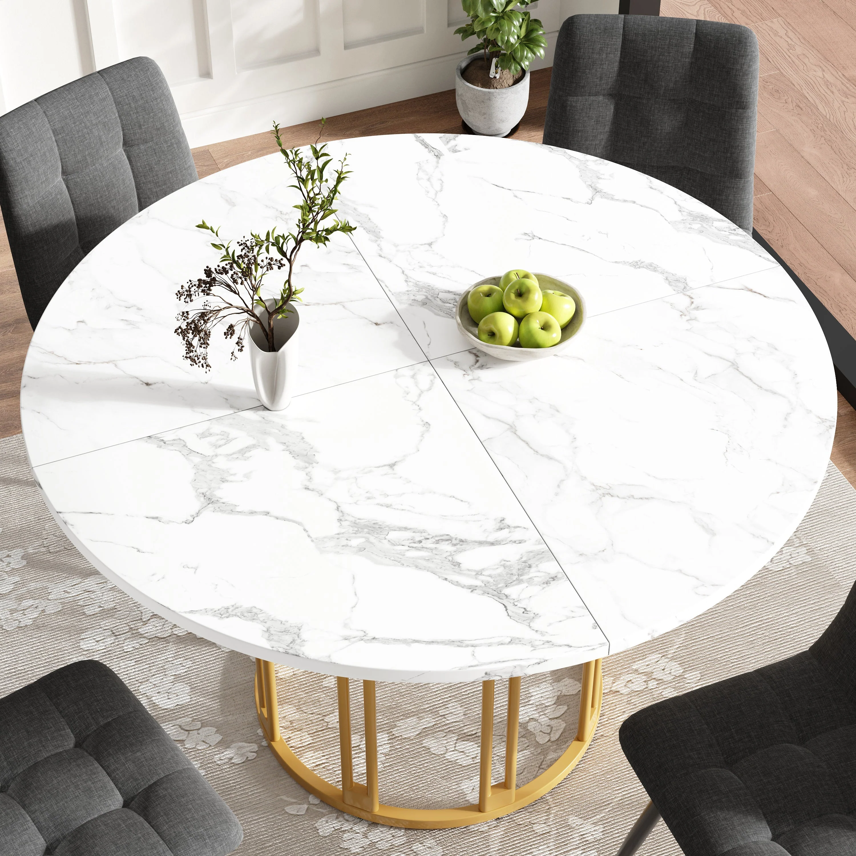 Round Dining Table Kitchen Breakfast Table Metal Legs Marble Pattern Gold/Black - Image 4