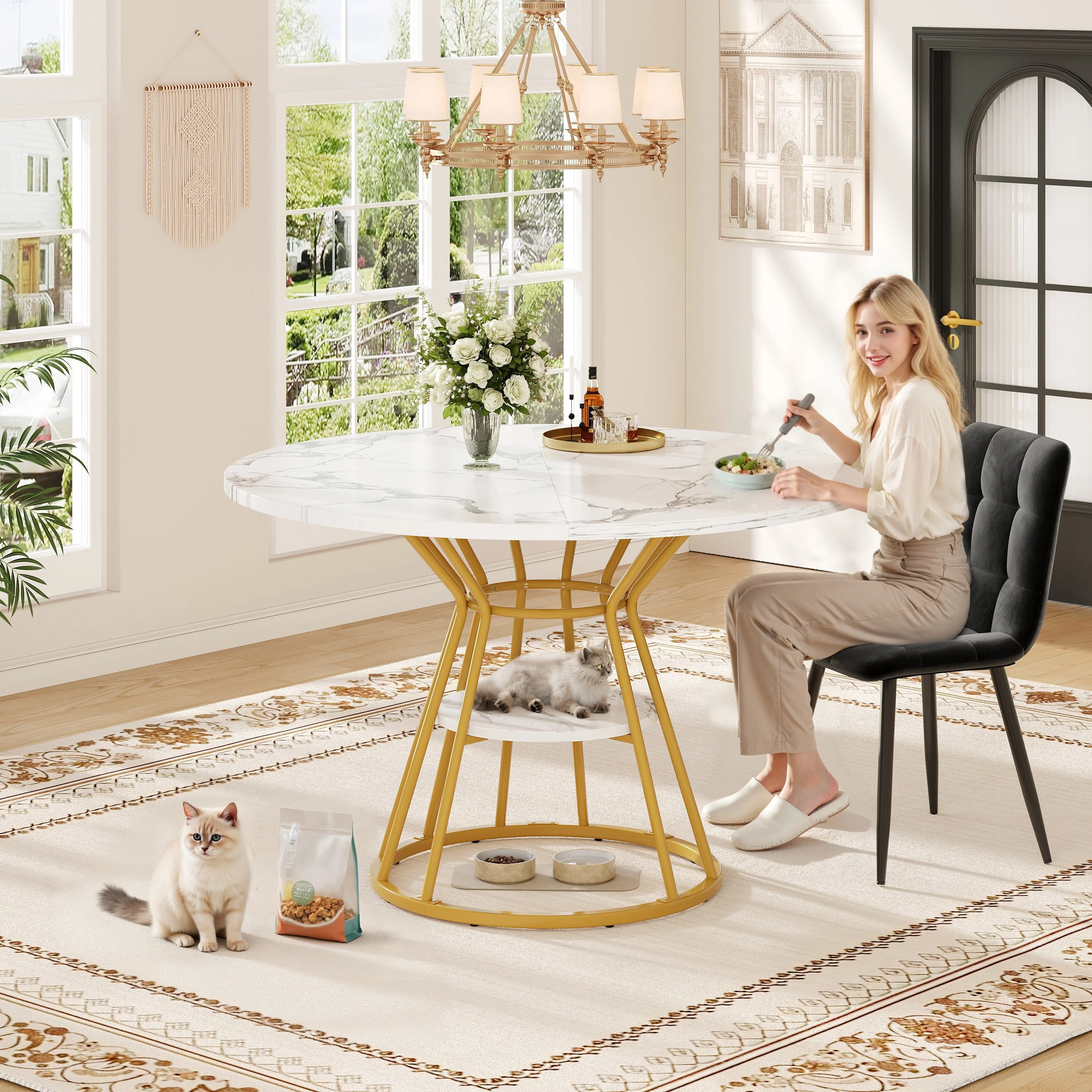 Round Dining Table, Metal Legs Marble Pattern, Gold/Black