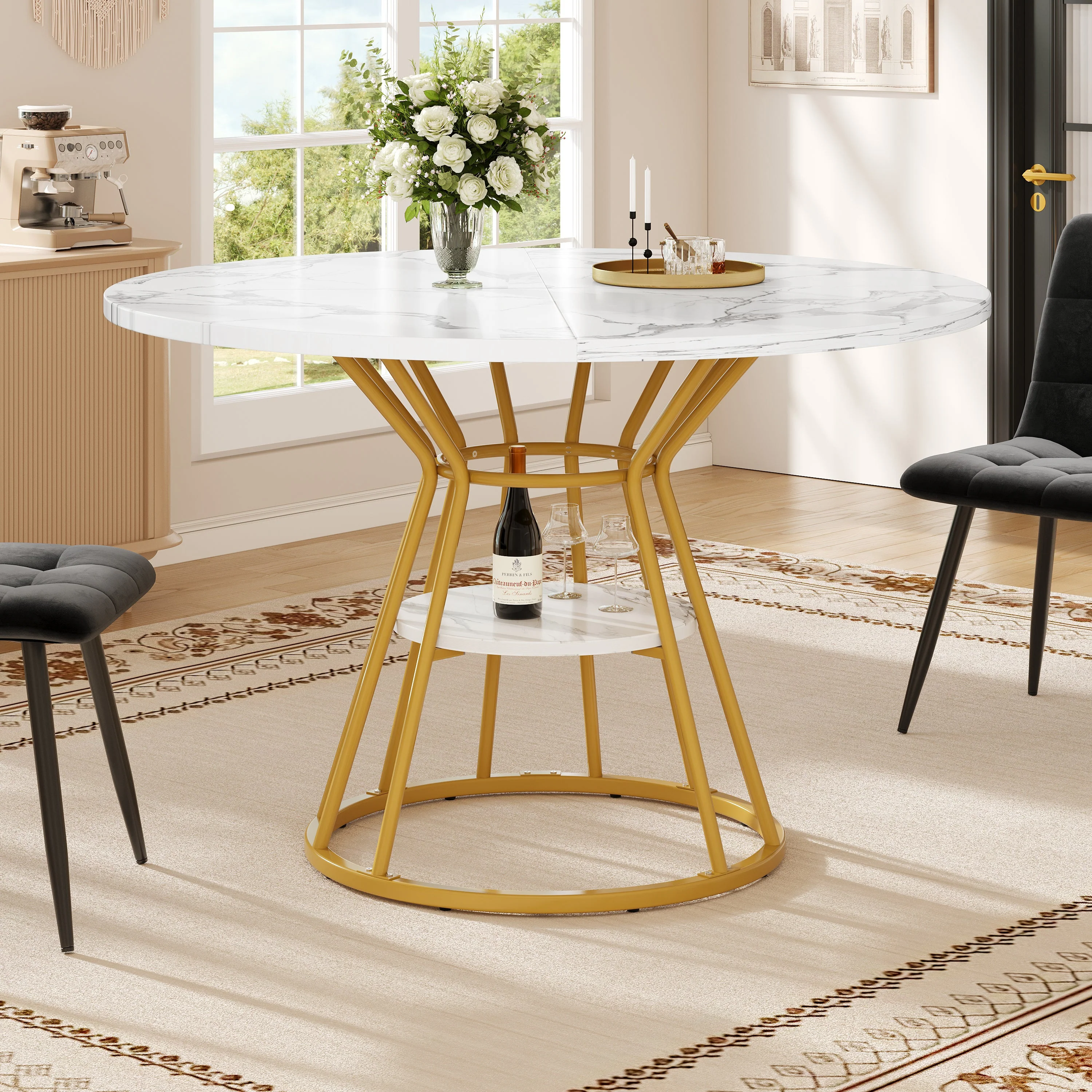 Round Dining Table, Metal Legs Marble Pattern, Gold/Black - Image 2