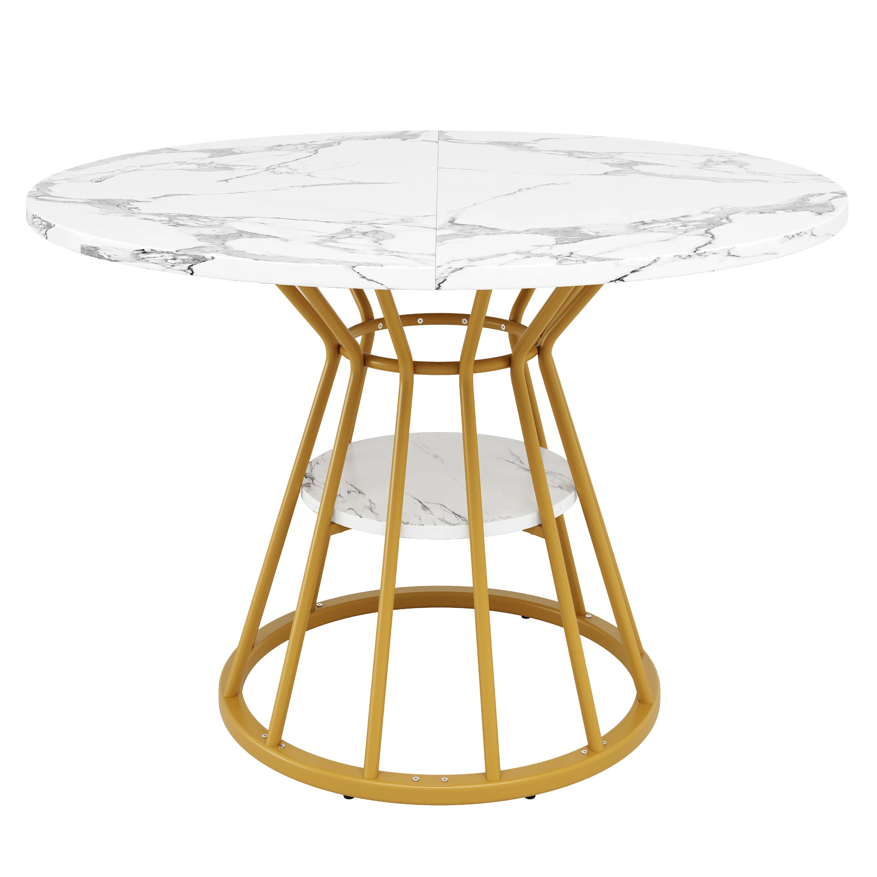 Round Dining Table, Metal Legs Marble Pattern, Gold/Black - Image 9