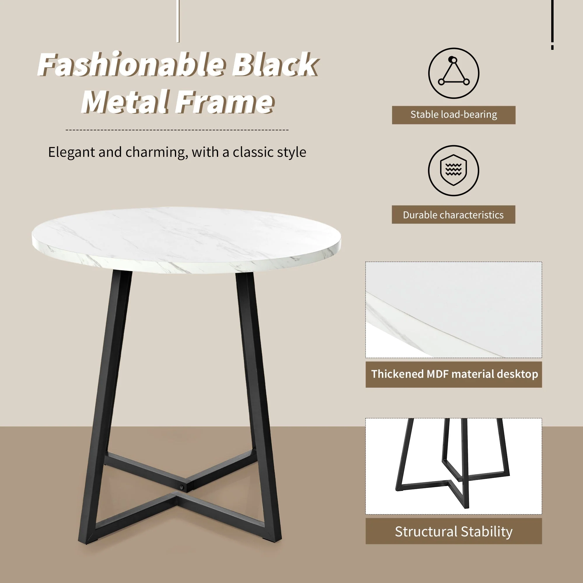 Round Dining Table, Modern Marble Pattern, Unique Metal Frame, White/Black - Image 6