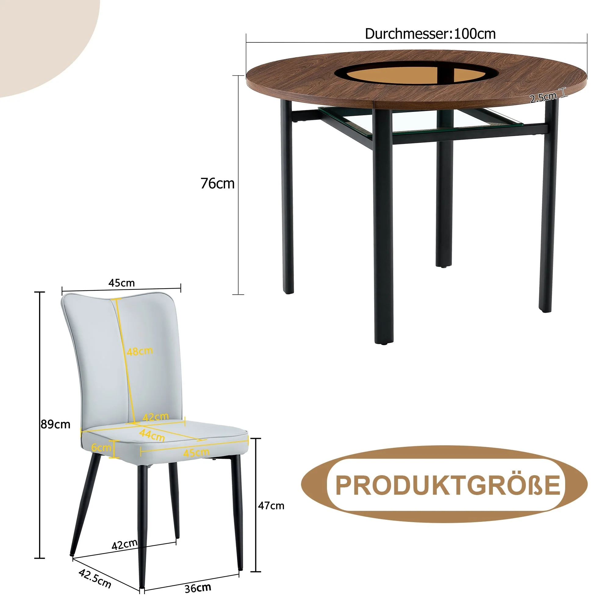 Round Dining Table Set 100cm with 4 PU Chairs - Wood Look/Light Grey - Image 4
