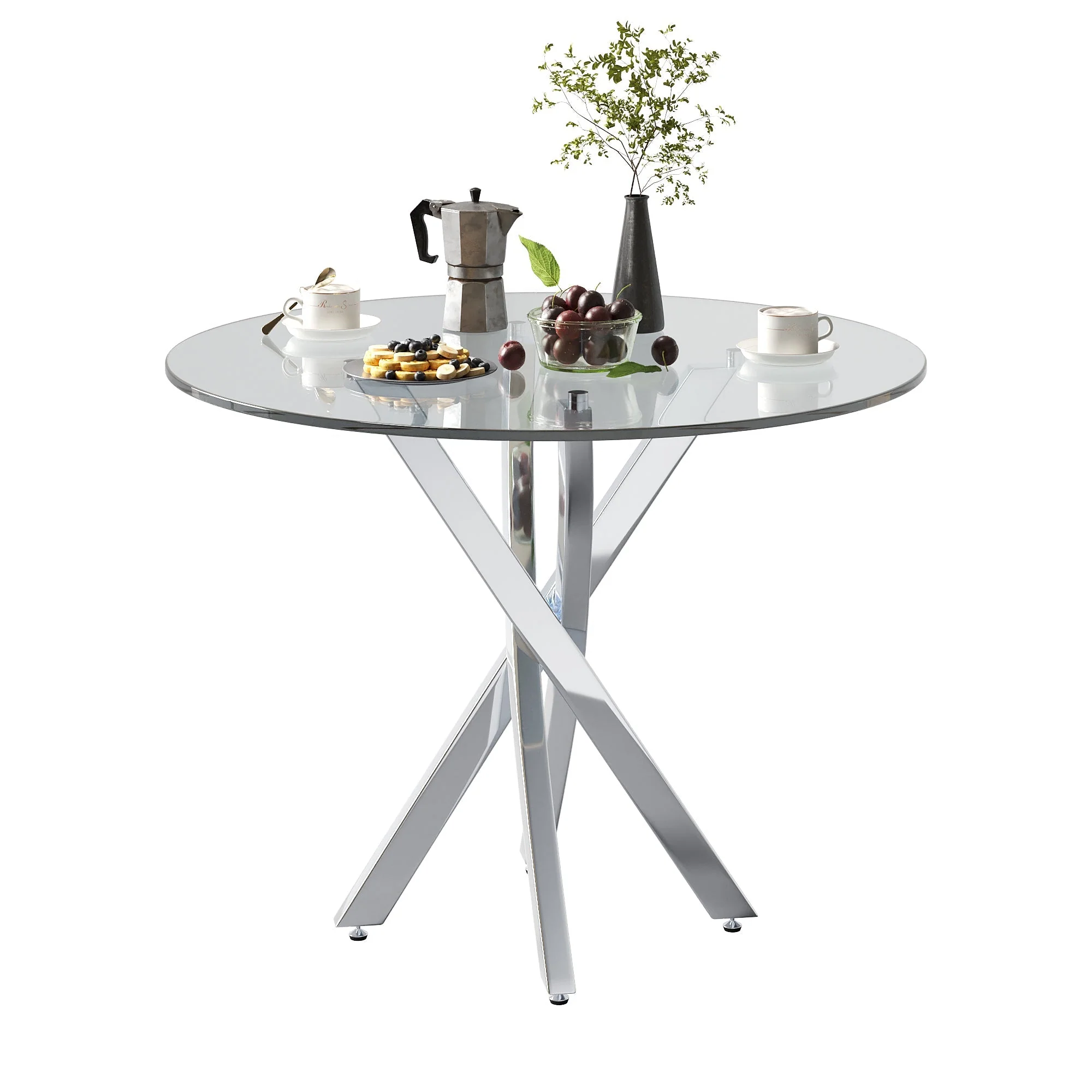 Round Dining Table, Tempered Glass Top, Galvanized Legs, Silver - Image 8