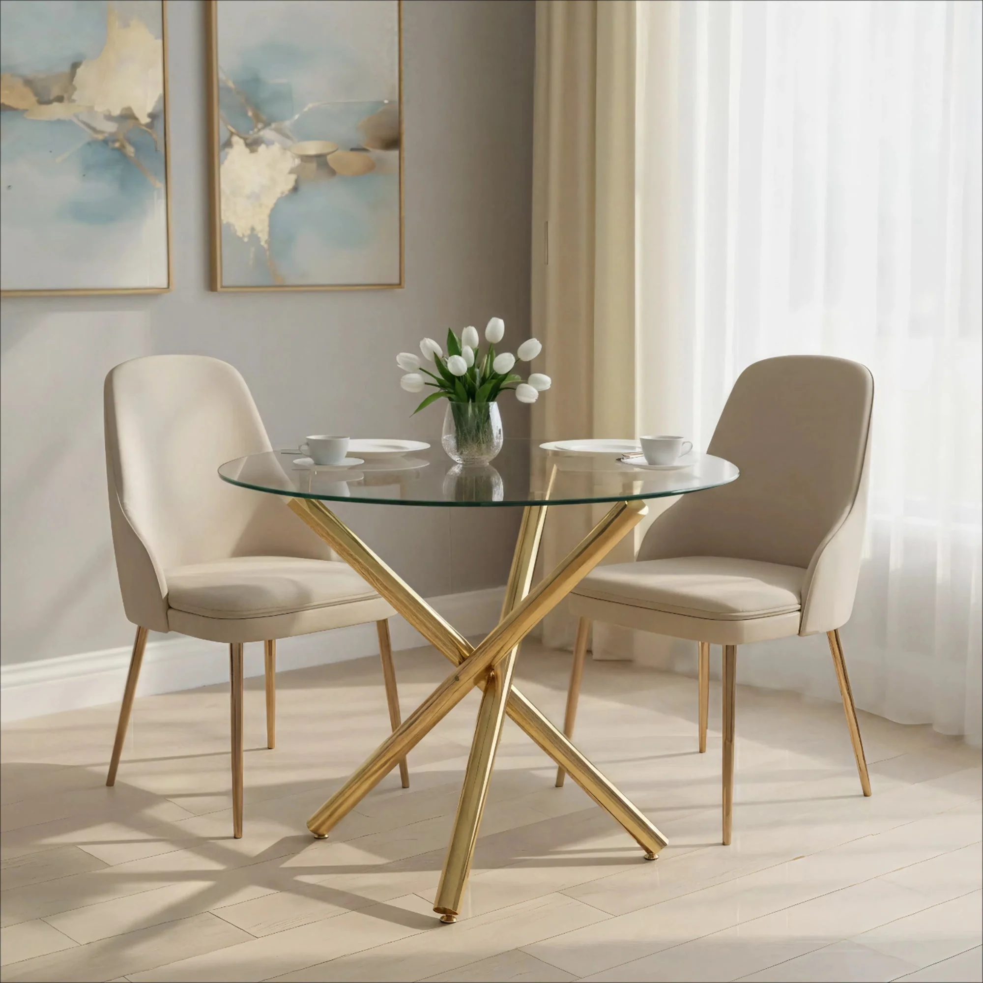 Round Dining Table Tempered Glass Top Gold Legs 80x80cm - Image 10