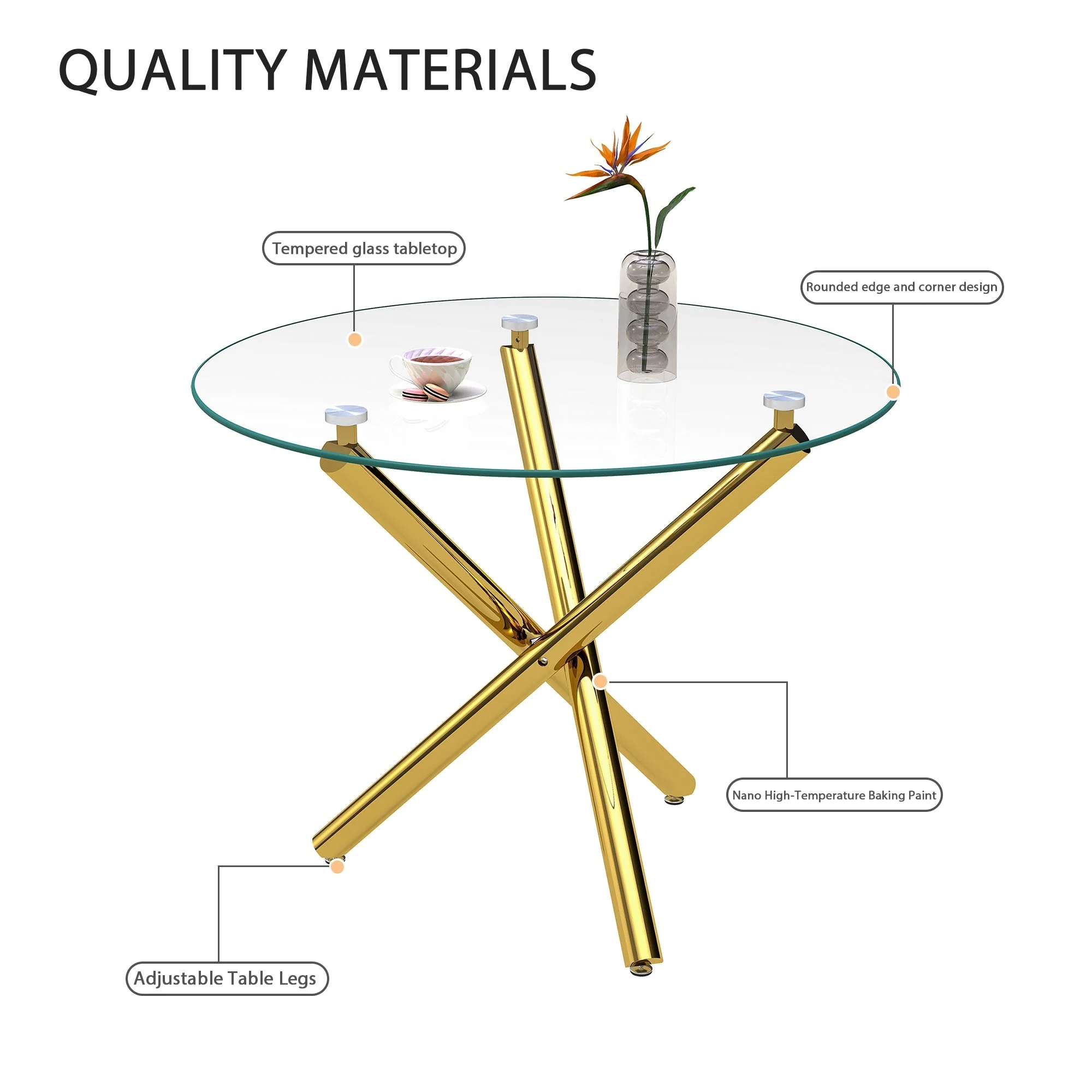 Round Dining Table Tempered Glass Top Gold Legs 80x80cm - Image 8