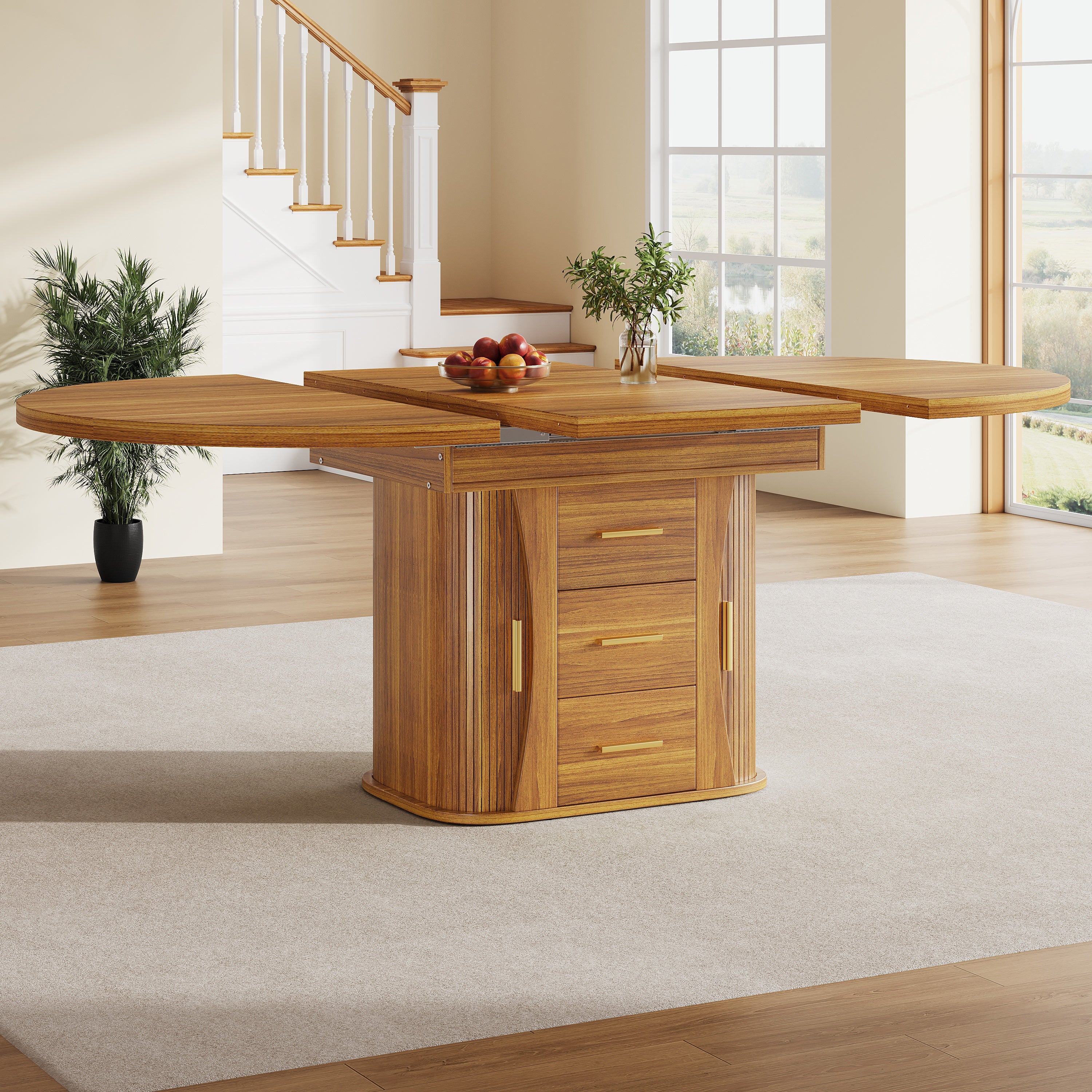 Round Dining Table to Oval with Three-Tier Storage, 118-158 cm, Walnut - Image 2