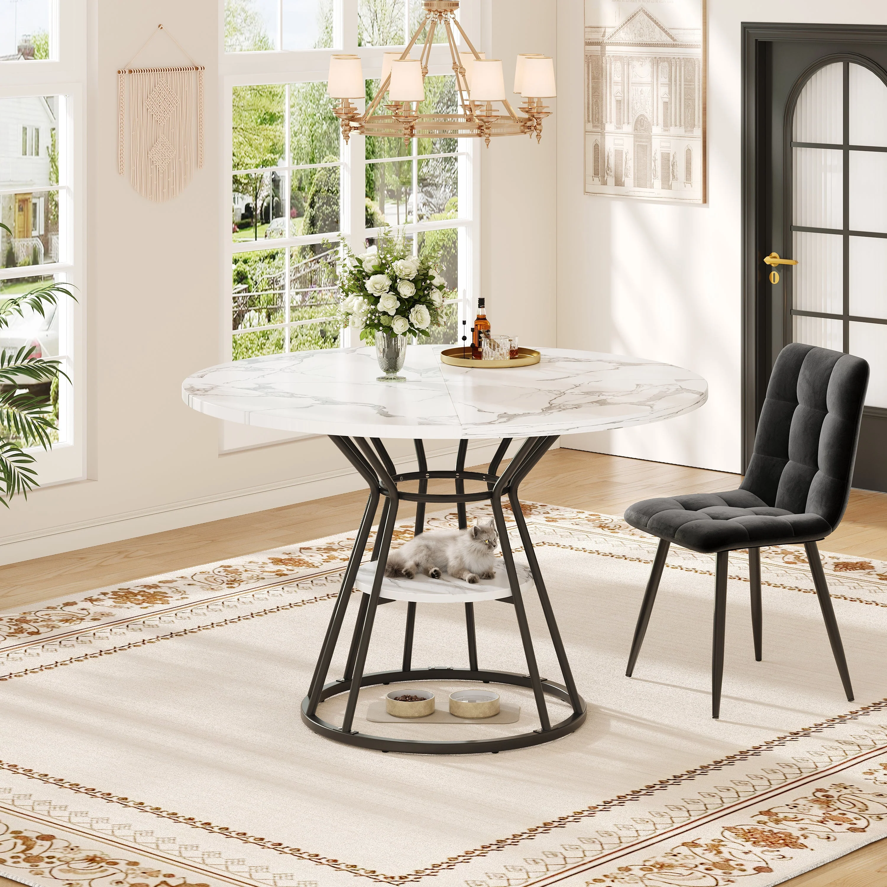 Round Dining Table with Metal Legs and Storage Shelf, Marble Pattern Gold and Black - Image 2