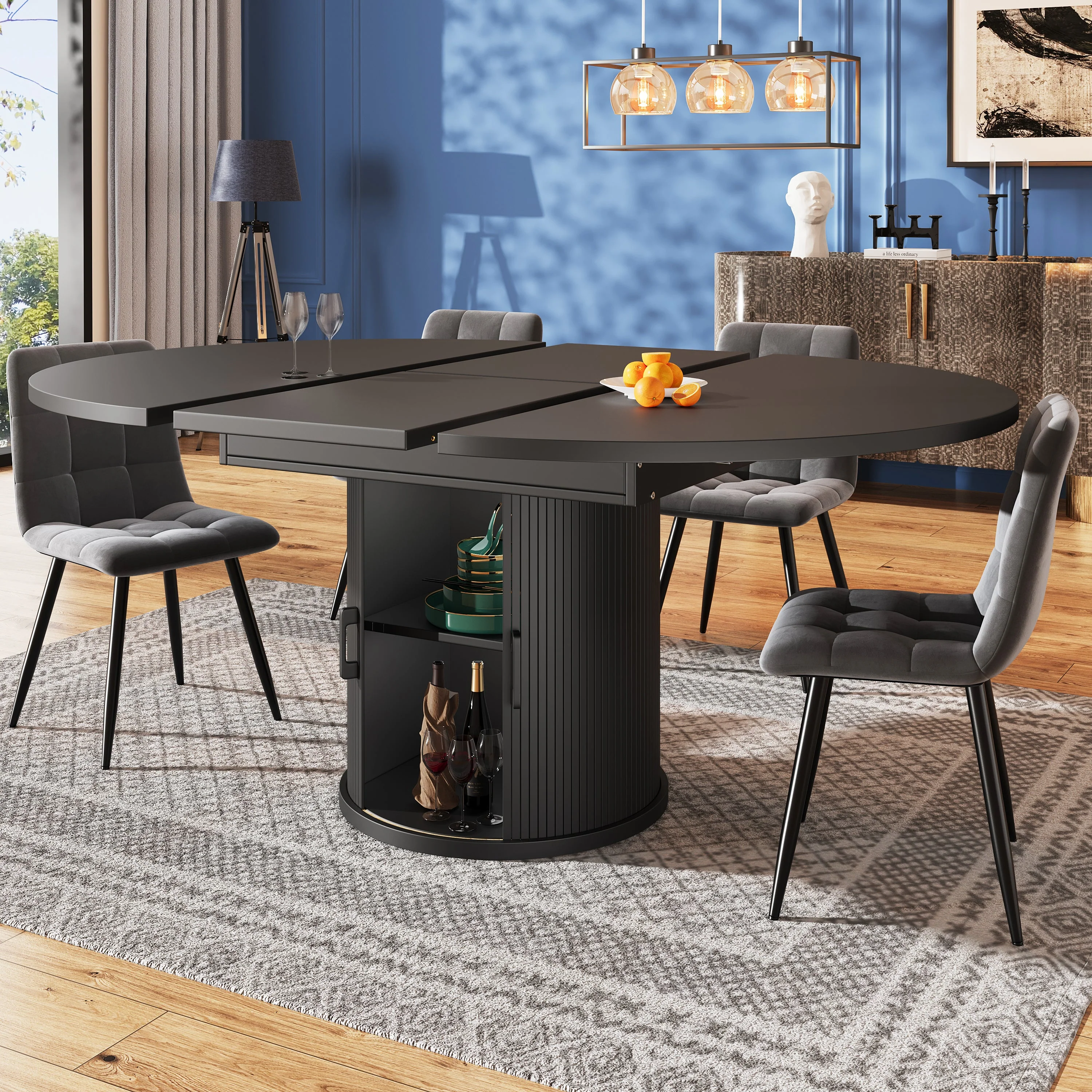 Round Extendable Dining Table, 118-158 cm Oval Tabletop for 6 People, Walnut and Black - Image 6