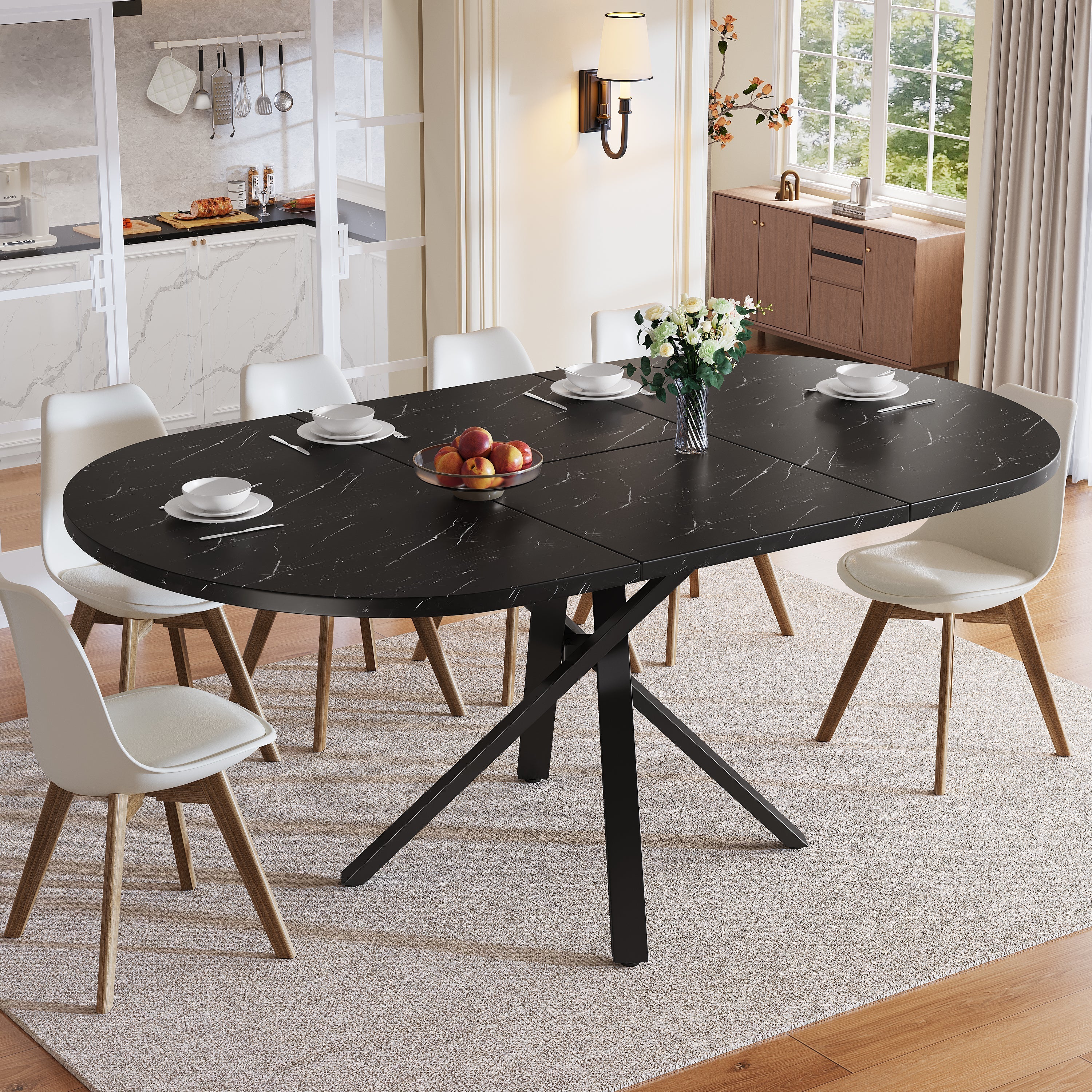 Round Extendable Dining Table, X-Metal Frame, Marble Look Black - Image 2
