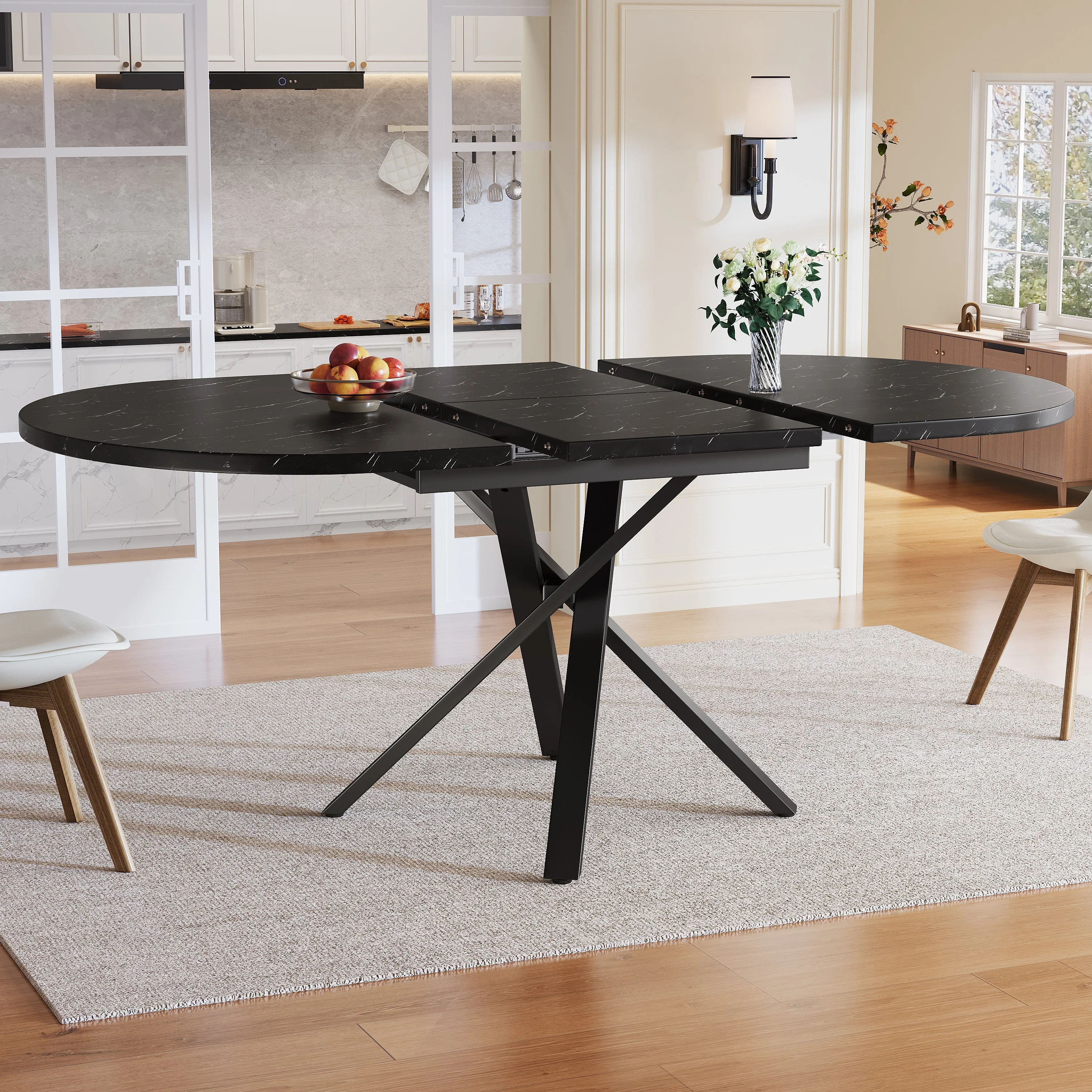 Round Extendable Dining Table, X-Metal Frame, Marble Look Black - Image 4