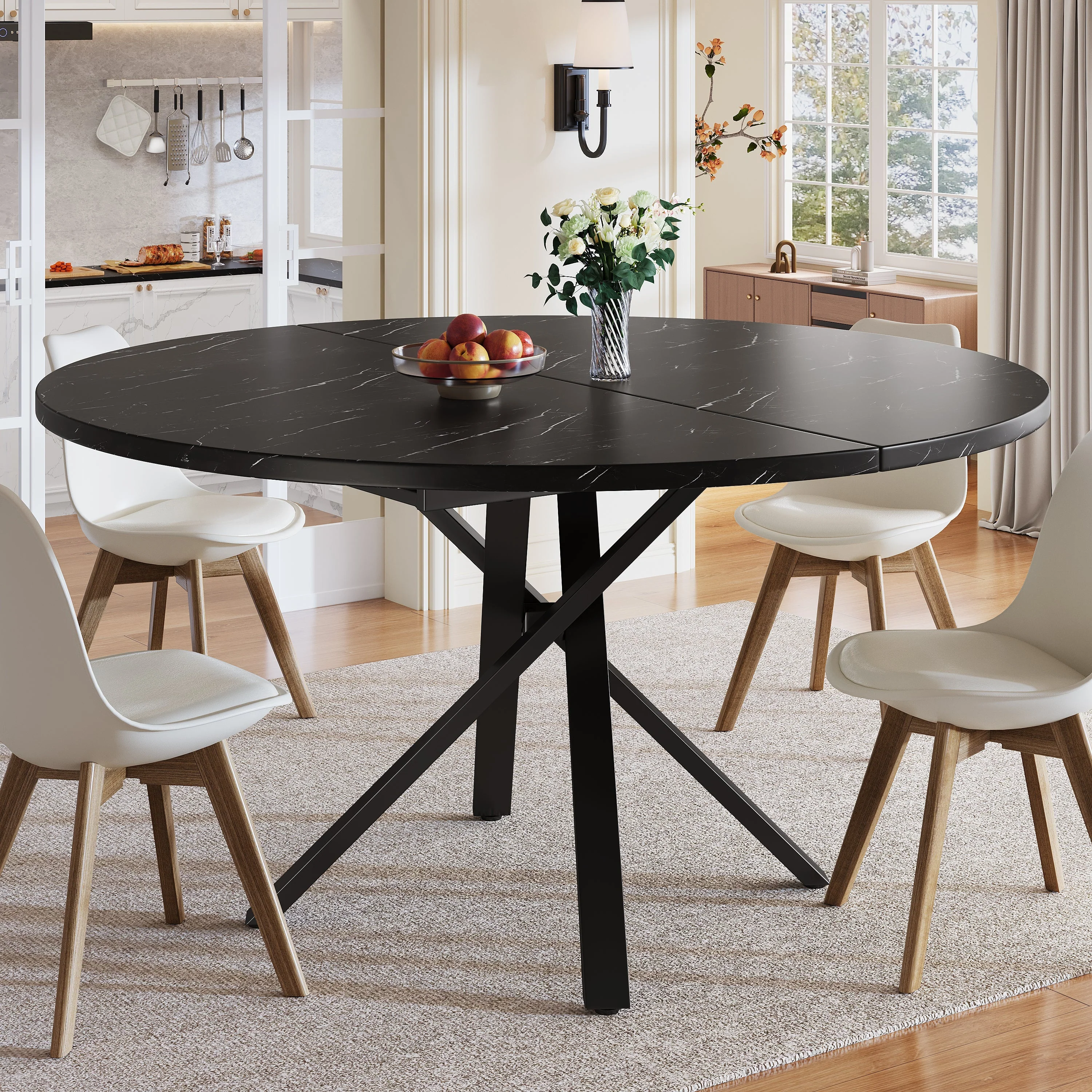 Round Extendable Dining Table, X-Metal Frame, Marble Look Black - Image 5