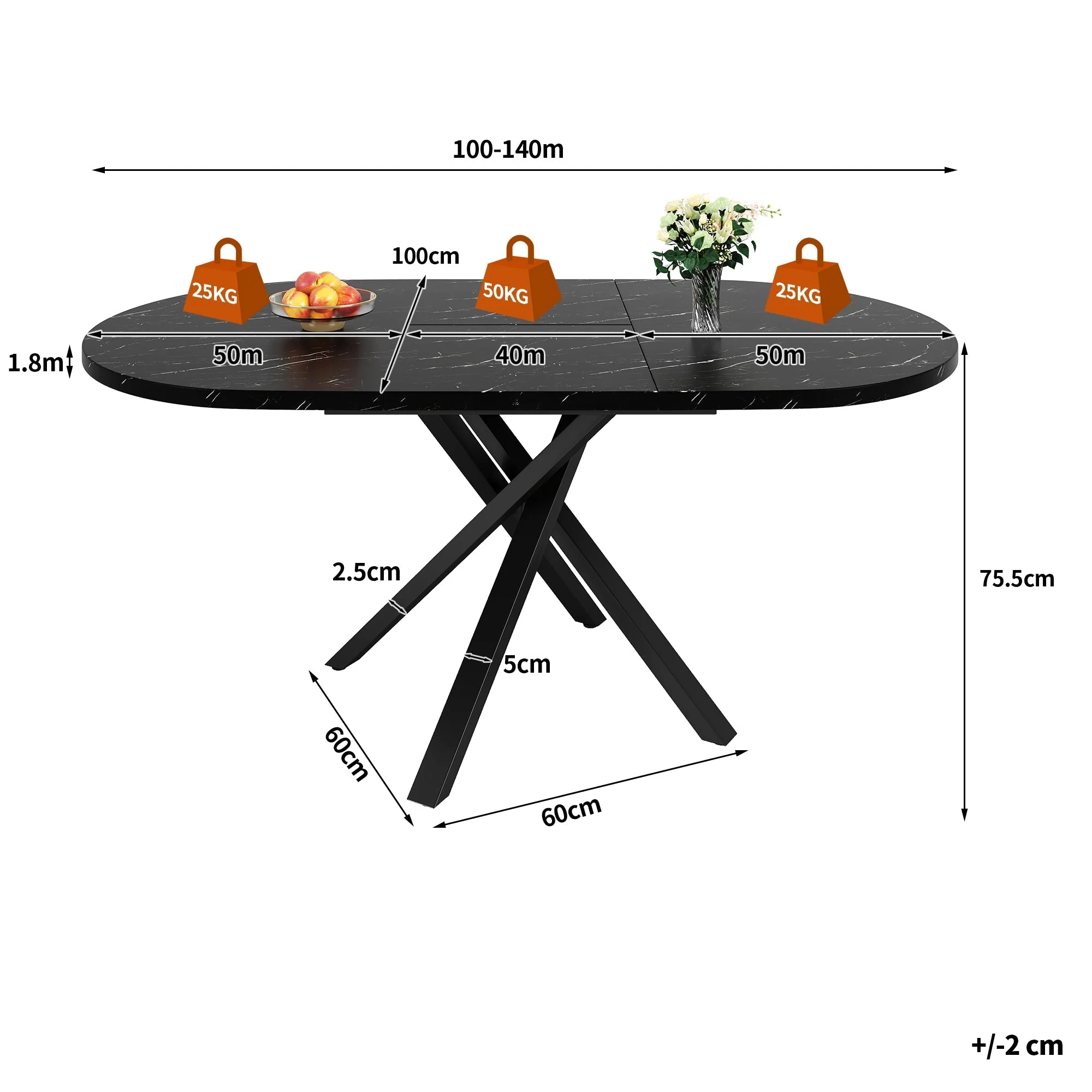 Round Extendable Dining Table, X-Metal Frame, Marble Look Black - Image 6