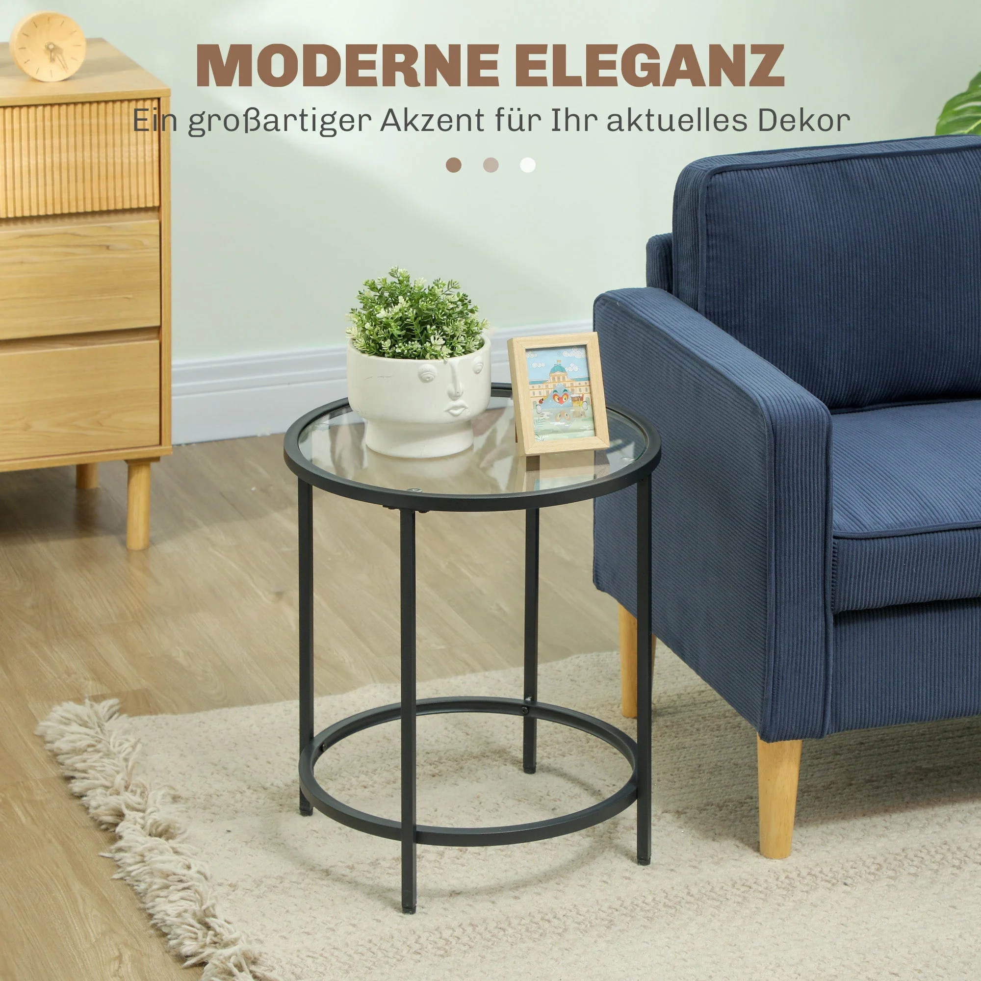 Round Side Coffee Table, Glass Top Nightstand Metal Frame, Black - Image 4