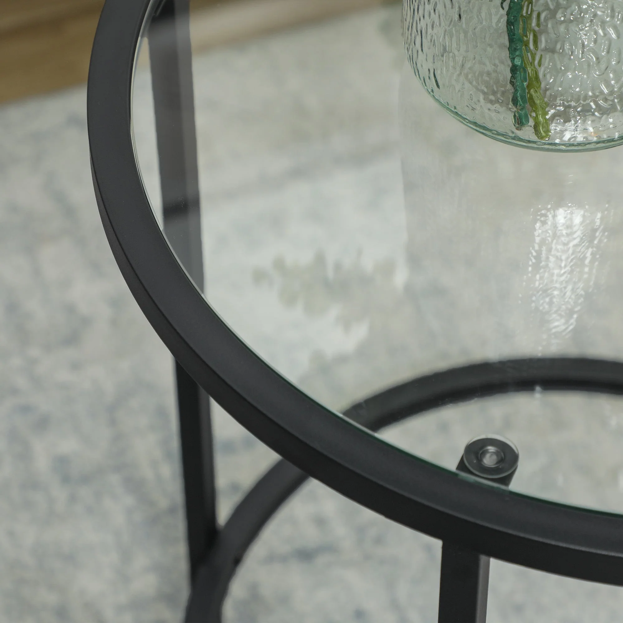 Round Side Coffee Table, Glass Top Nightstand Metal Frame, Black - Image 7