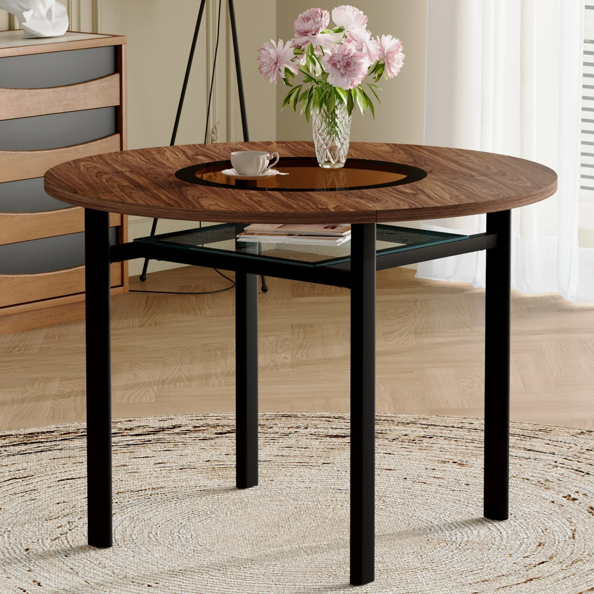 Round Table 100cm Modern Minimalist 2-4 Seater Glass Top Brown Wood Pattern - Image 2