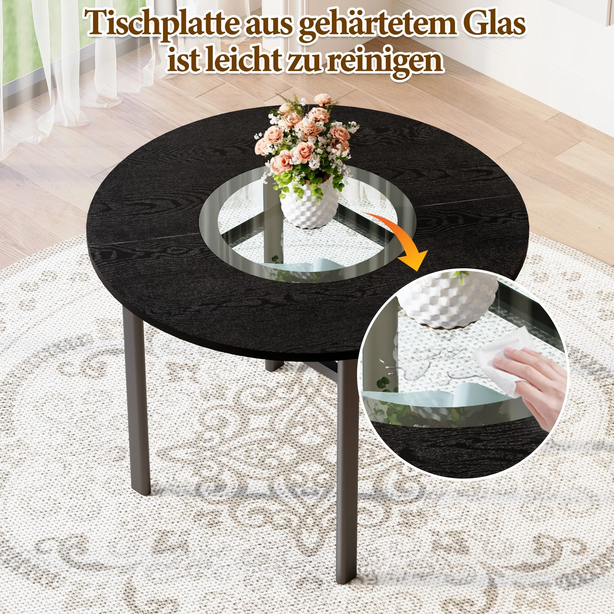 Round Table Set 100cm Minimalist 2 Armchairs Tech Fabric - Brown/Black - Image 8
