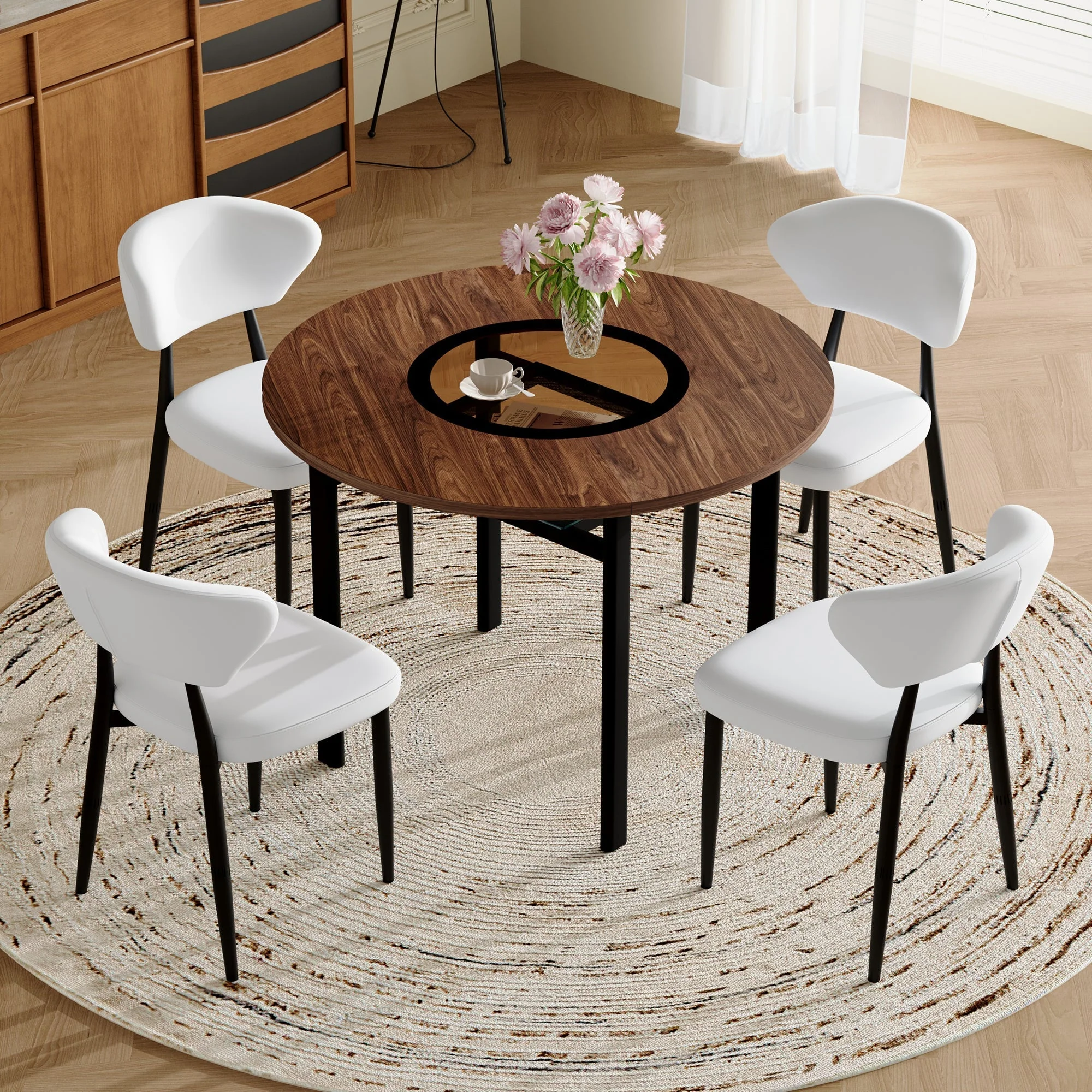 Round Table Set 4 Armchairs 100cm Wood Look - White PU - Image 3
