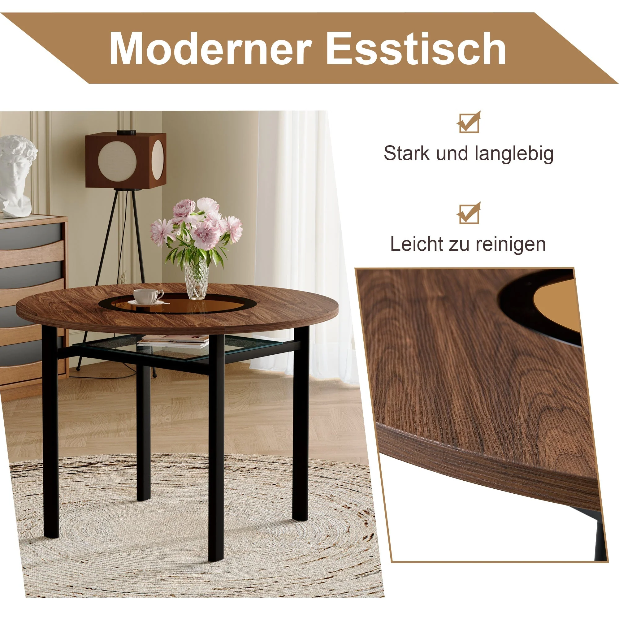 Round Table Set 4 Armchairs 100cm Wood Look - White PU - Image 9
