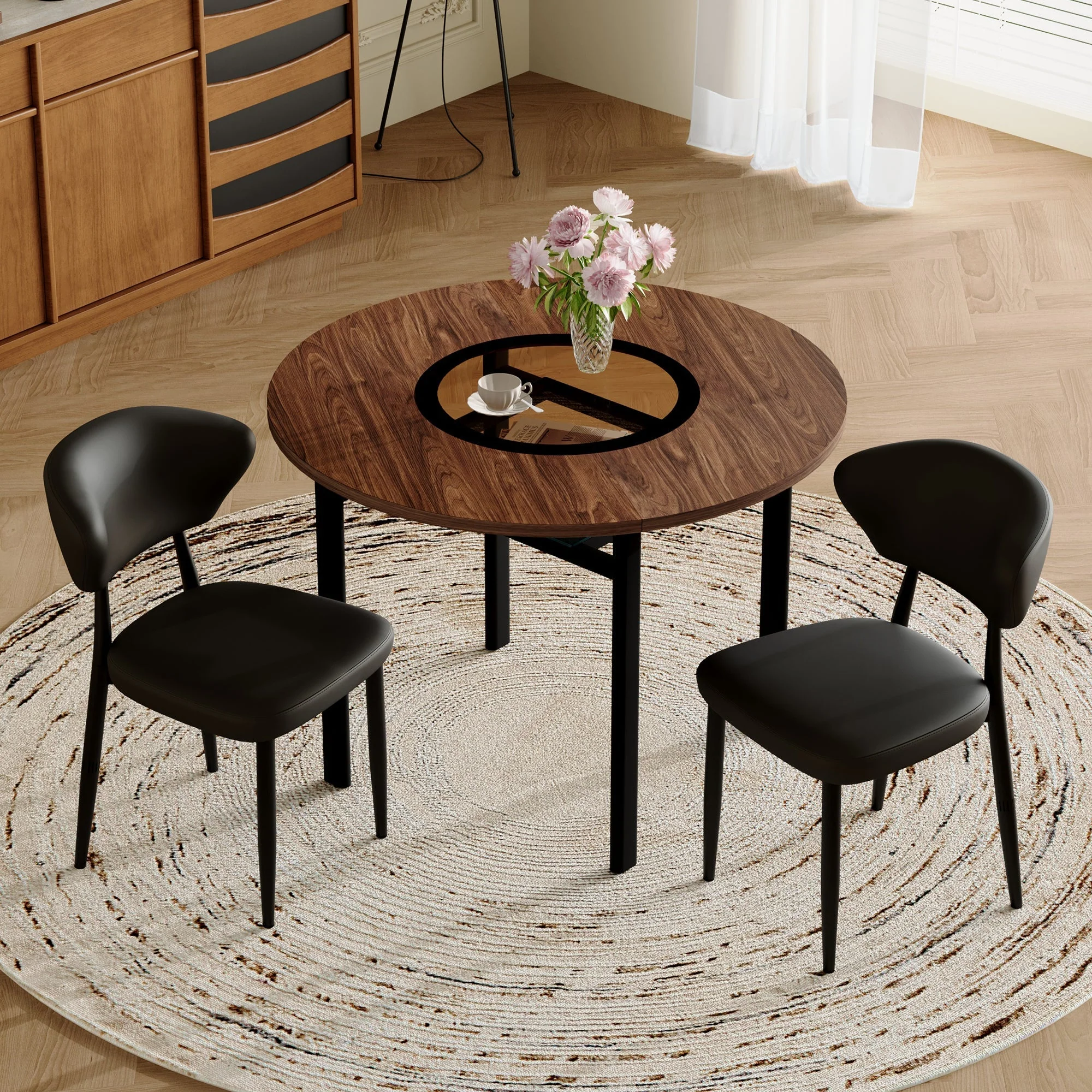 Round Table Set Modern Minimalist 100cm with 2 PU Armchairs - Wood Look/Black