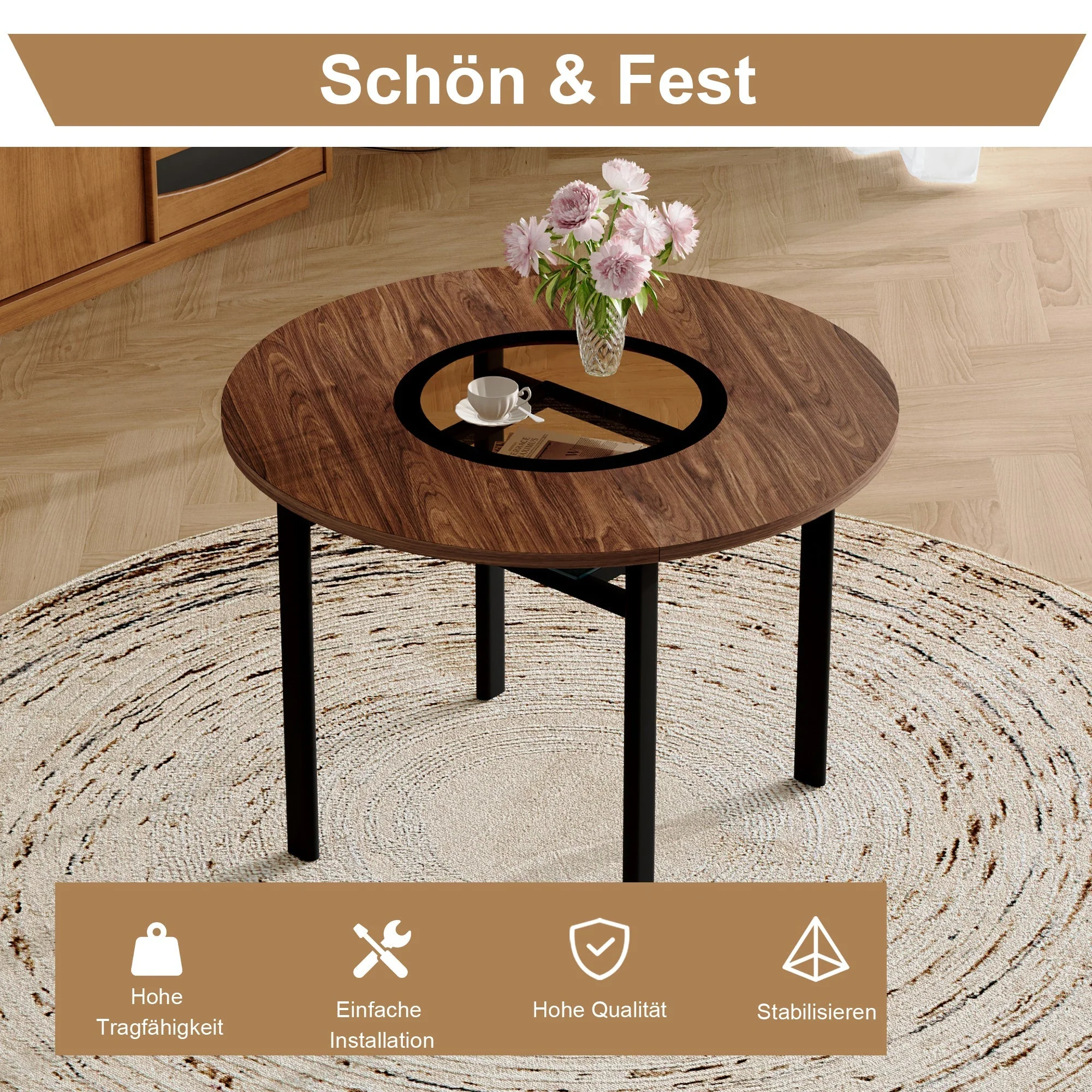 Round Table Set, Modern Minimalist 100cm with Storage, 4 Armchairs, Brown Wood Look/Brown Fabric - Image 5