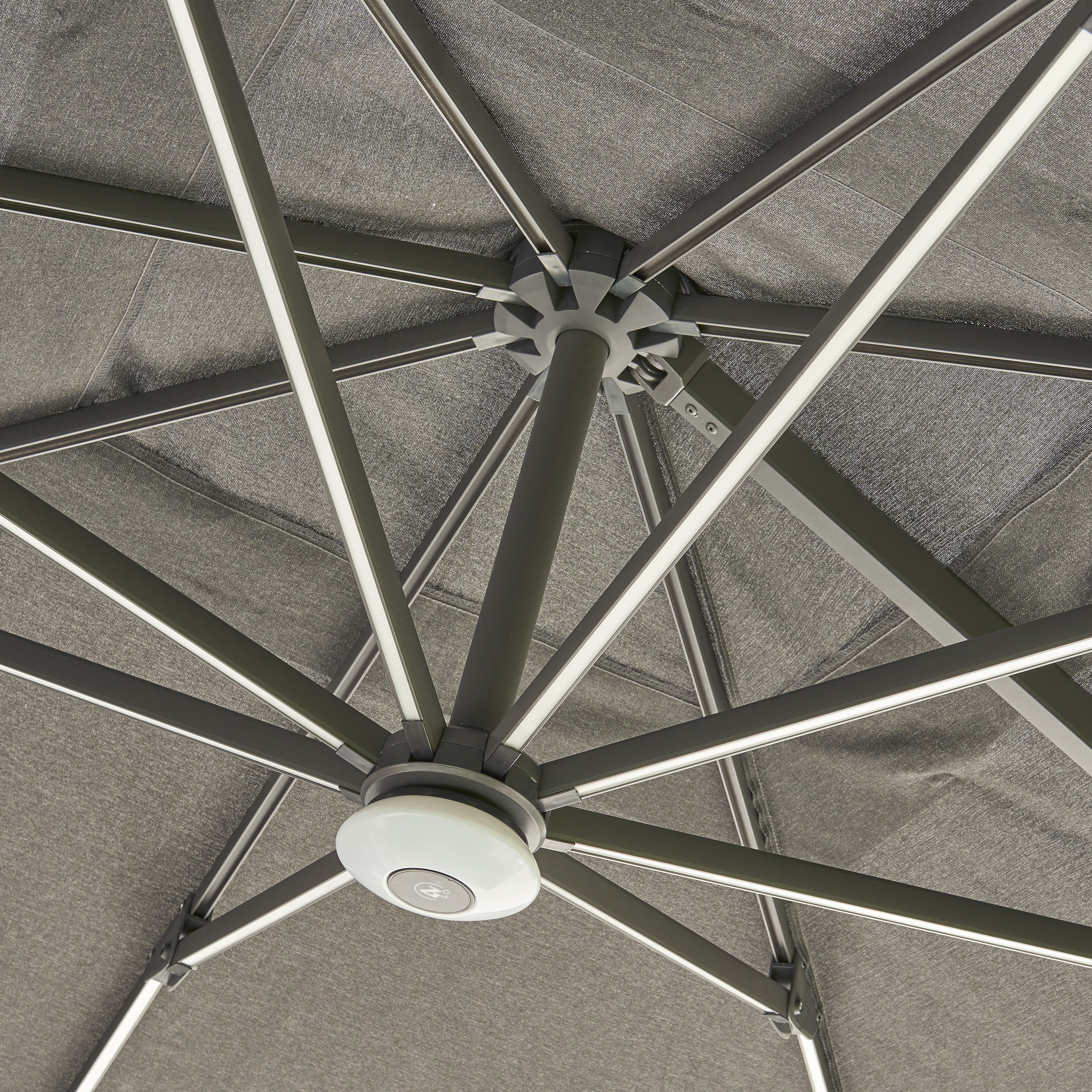 Royce - Premium 3m Round LED Parasol with Novasun™ Smoke Grey Canopy & Cover (Wood Look Frame) - Image 5